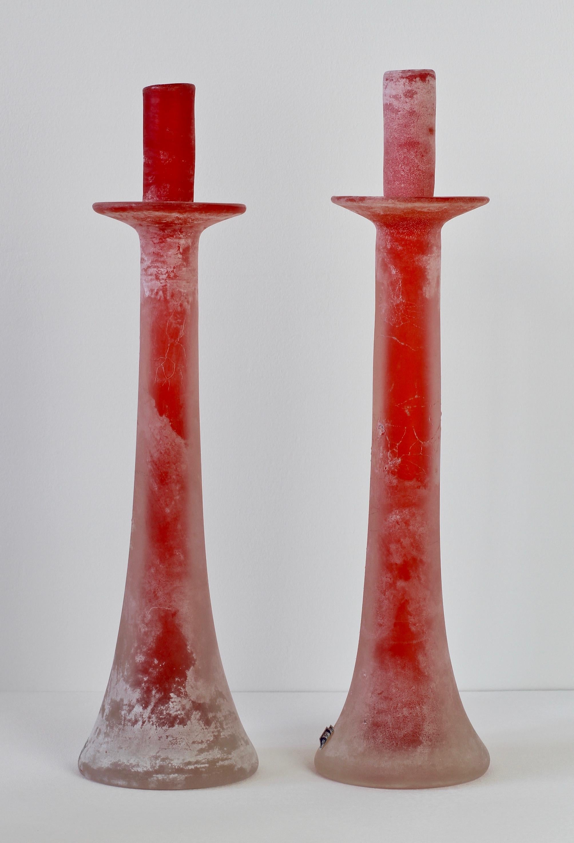 Mid-Century Modern Signed Cenedese Italian Tall Pair of Red Murano Scavo Glass Candlestick Holders