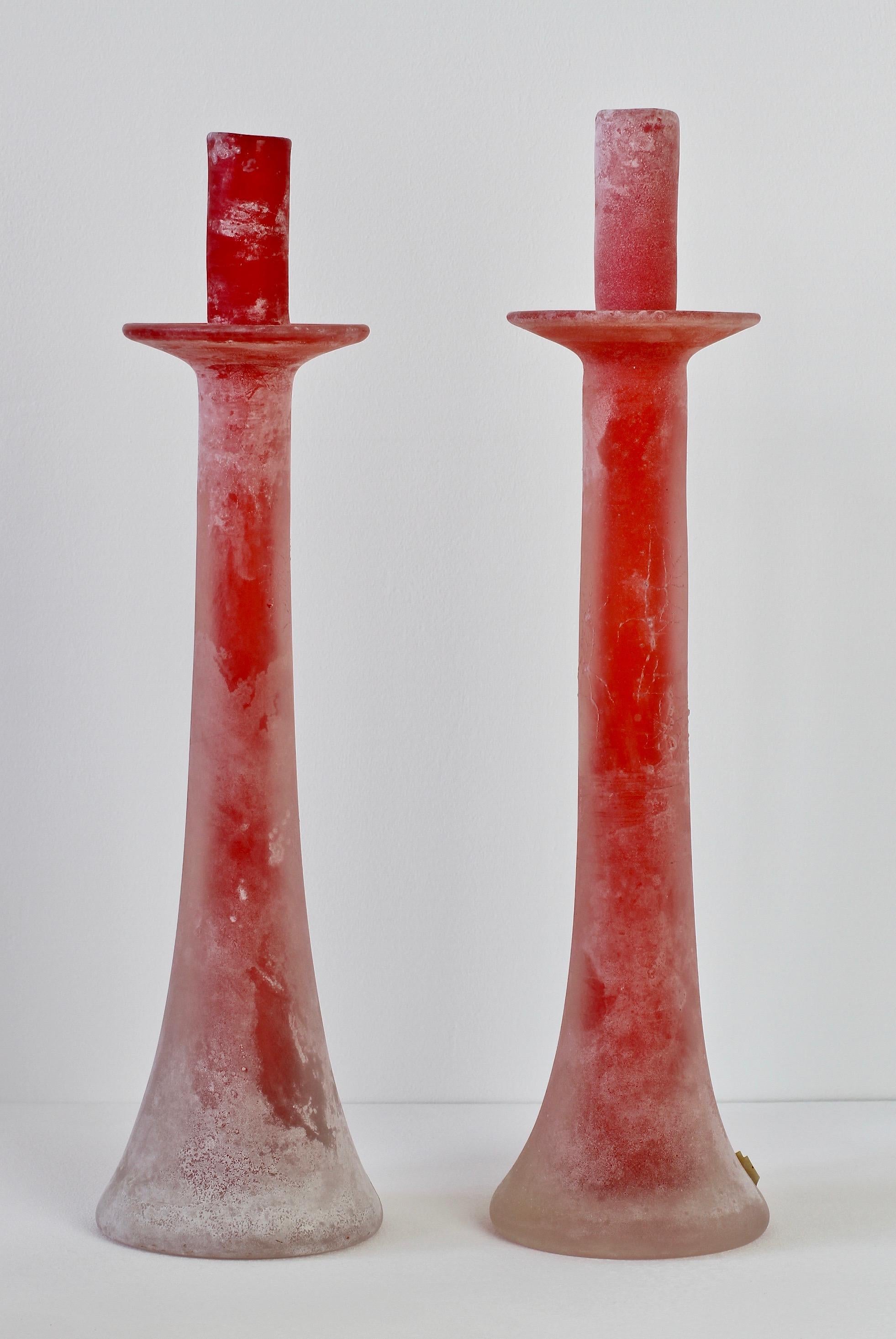Mid-20th Century Signed Cenedese Italian Tall Pair of Red Murano Scavo Glass Candlestick Holders
