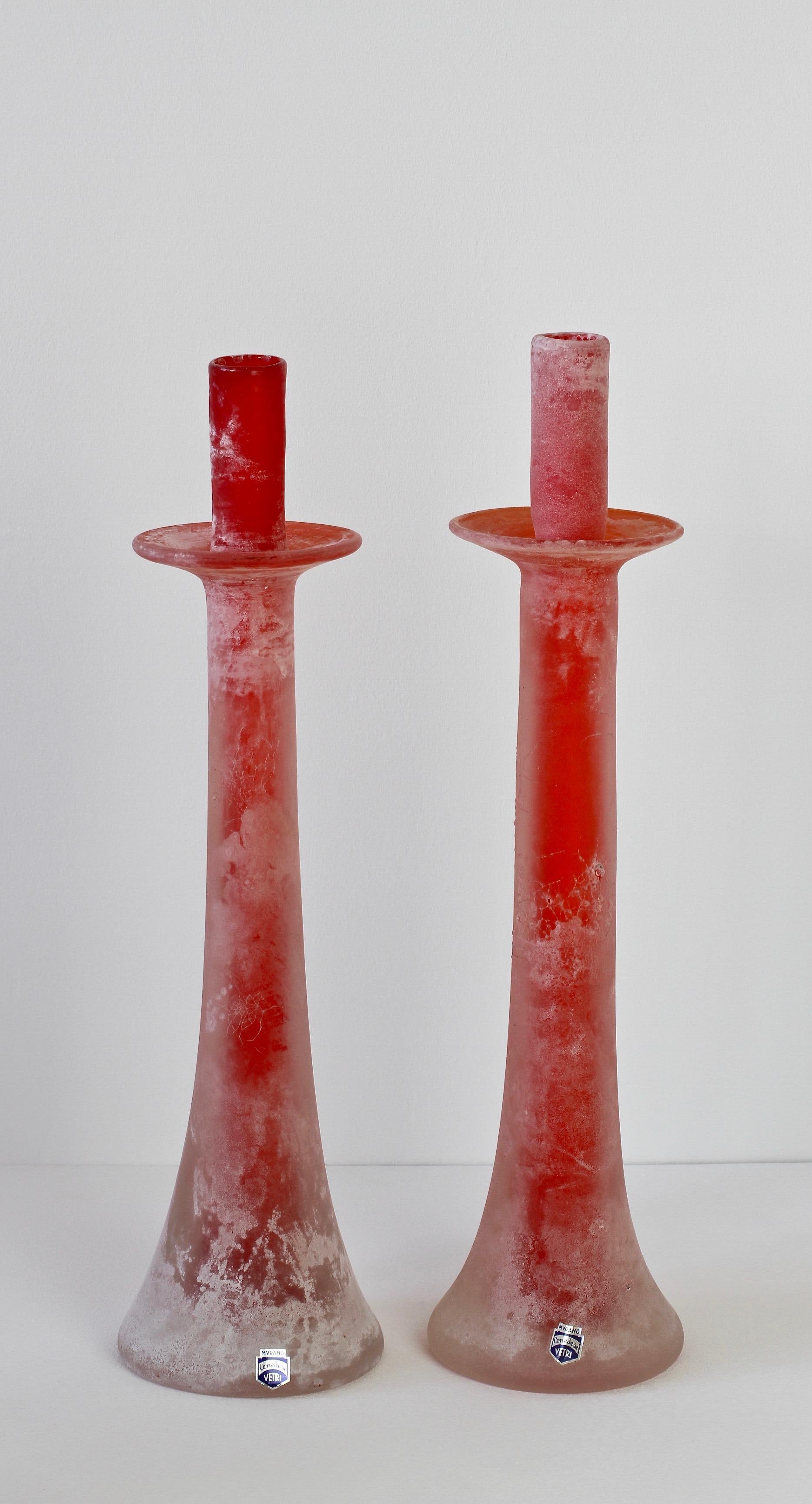 Murano Glass Signed Cenedese Italian Tall Pair of Red Murano Scavo Glass Candlestick Holders
