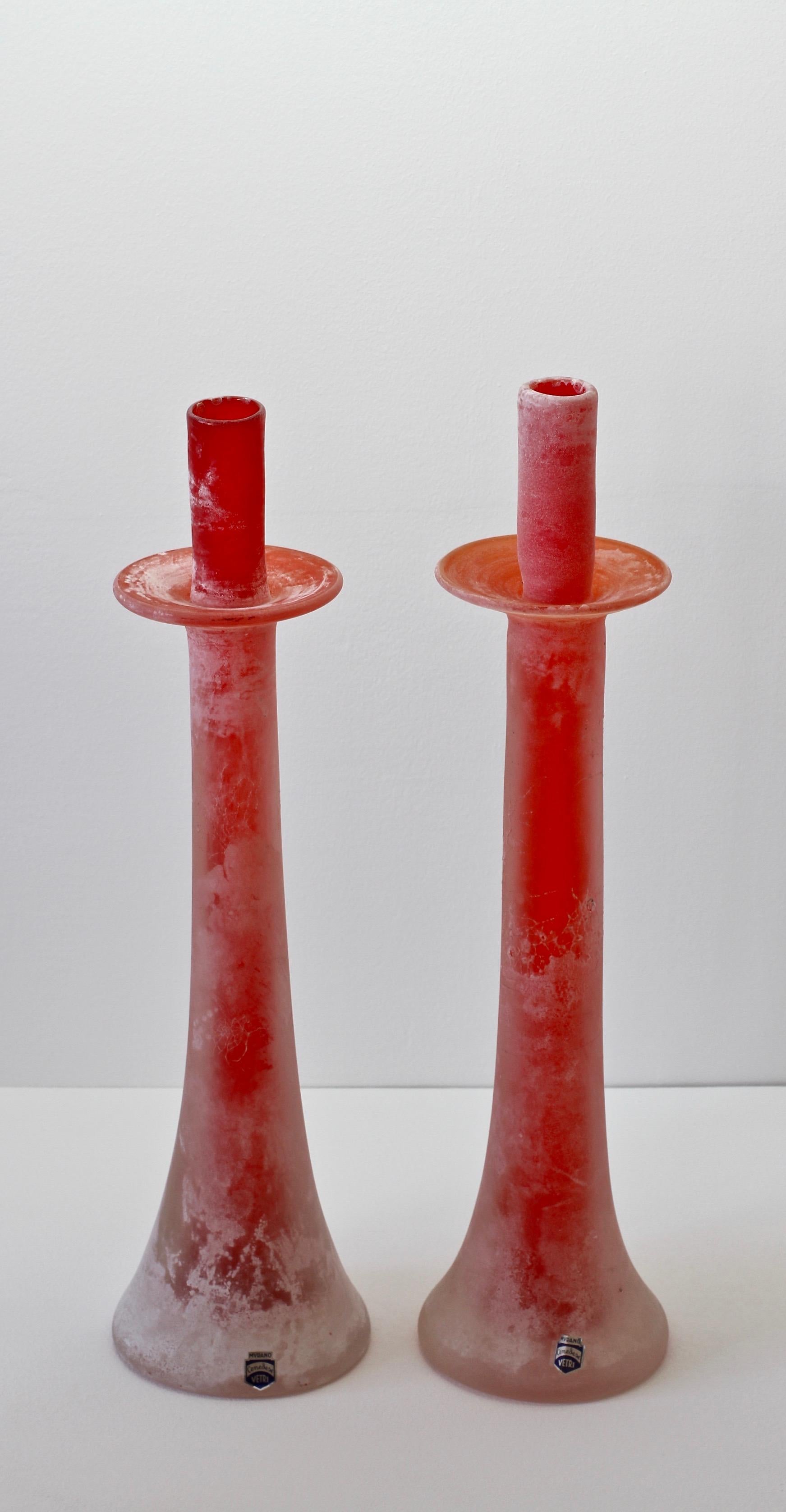 Signed Cenedese Italian Tall Pair of Red Murano Scavo Glass Candlestick Holders 1
