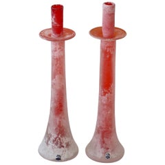 Signed Cenedese Italian Tall Pair of Red Murano Scavo Glass Candlestick Holders
