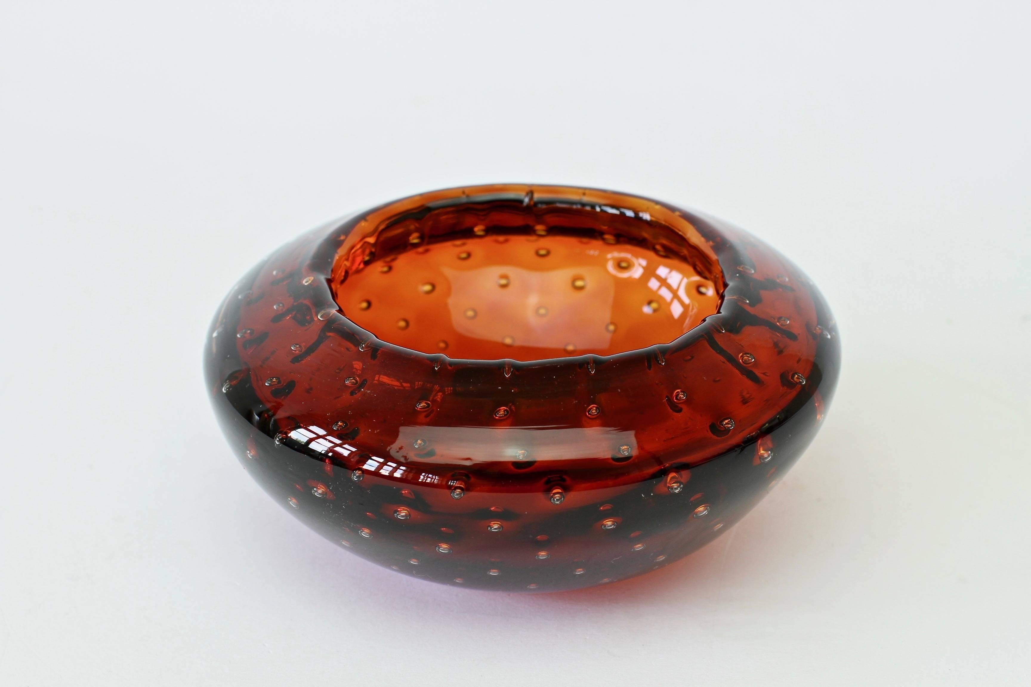 Mid-Century Modern Signed Cenedese Mid-Century Vintage Italian Amber Murano Bubble Glass Bowl