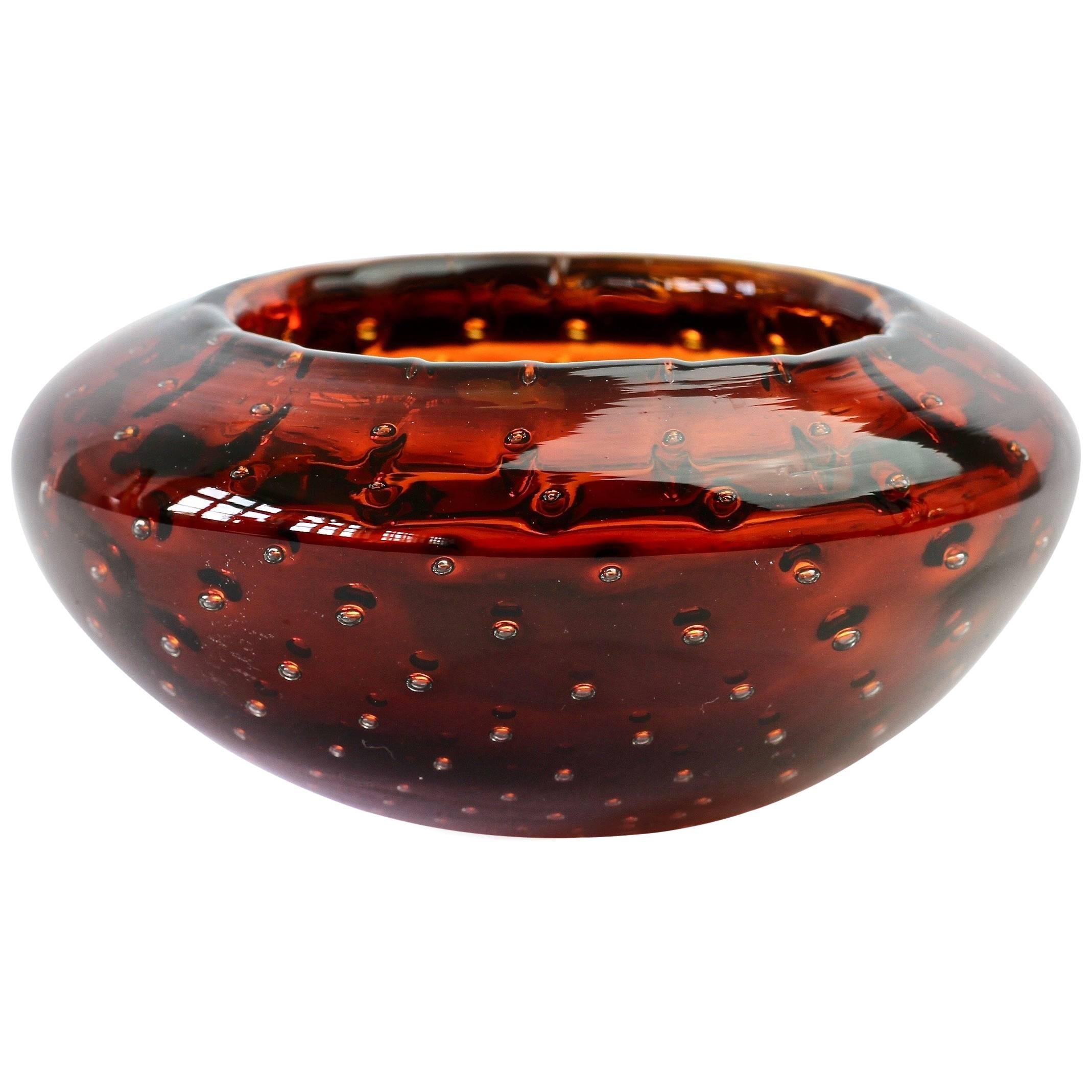 Signed Cenedese Mid-Century Vintage Italian Amber Murano Bubble Glass Bowl