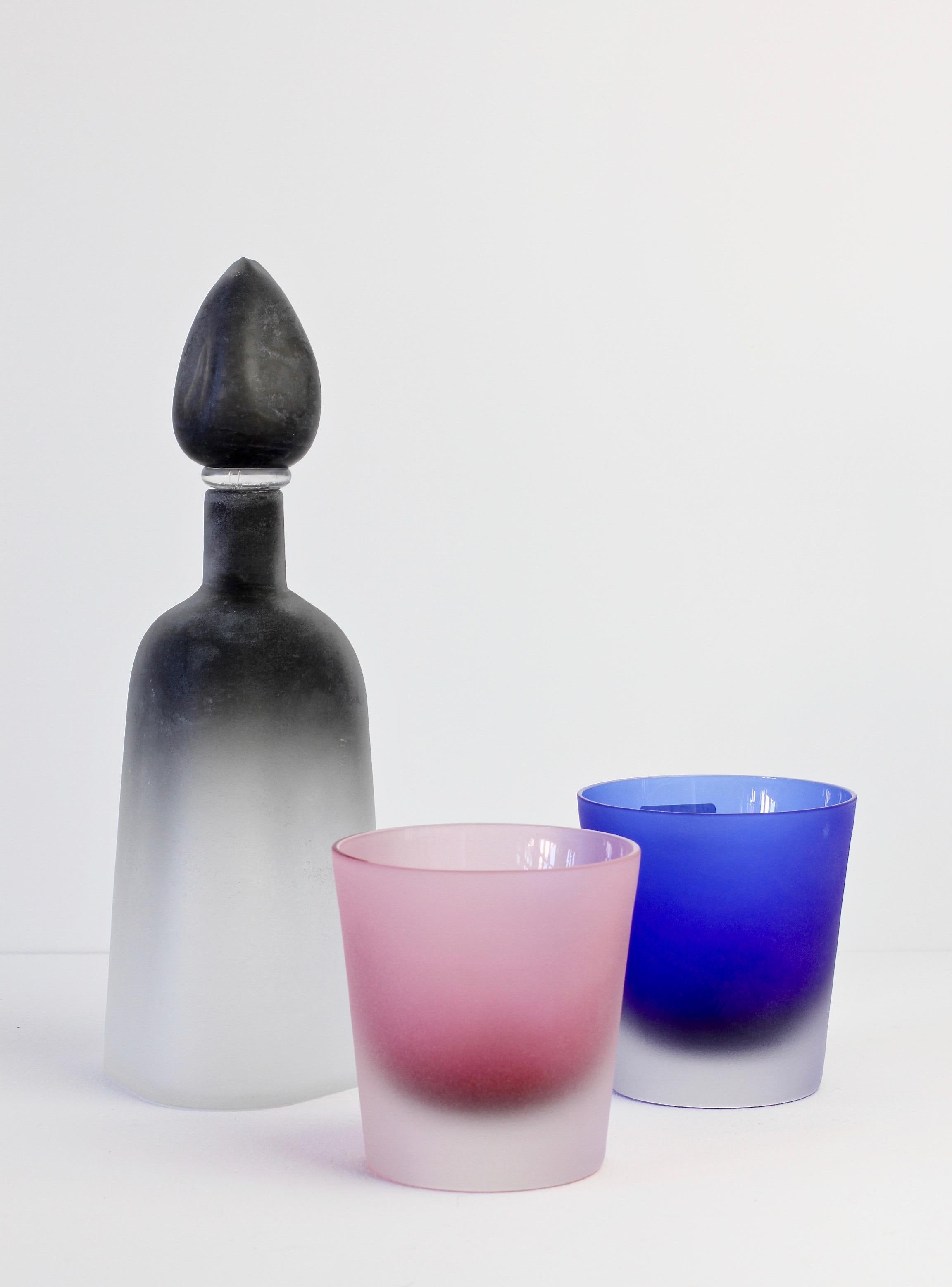 Cenedese flask / bottle with 'His and Hers' glasses in pink and blue coloured frosted glass. Perfect as a gift - just imagine a romantic evening in front of the fire sipping your favourite tipple - a whisky or brandy - from these most beautiful