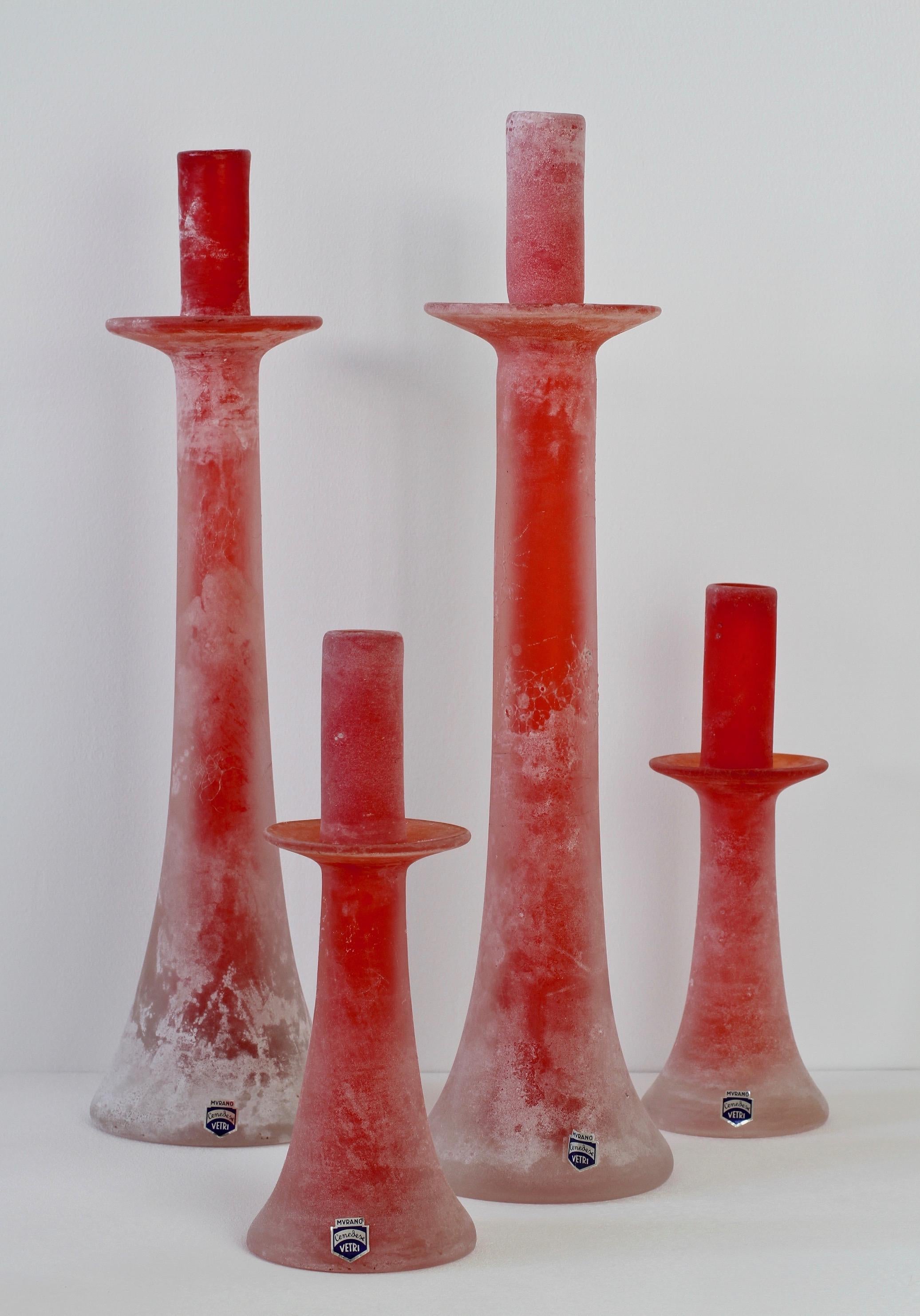 Mid-Century Modern Signed Cenedese Tall Set / Group of Red Murano Scavo Glass Candlestick Holders