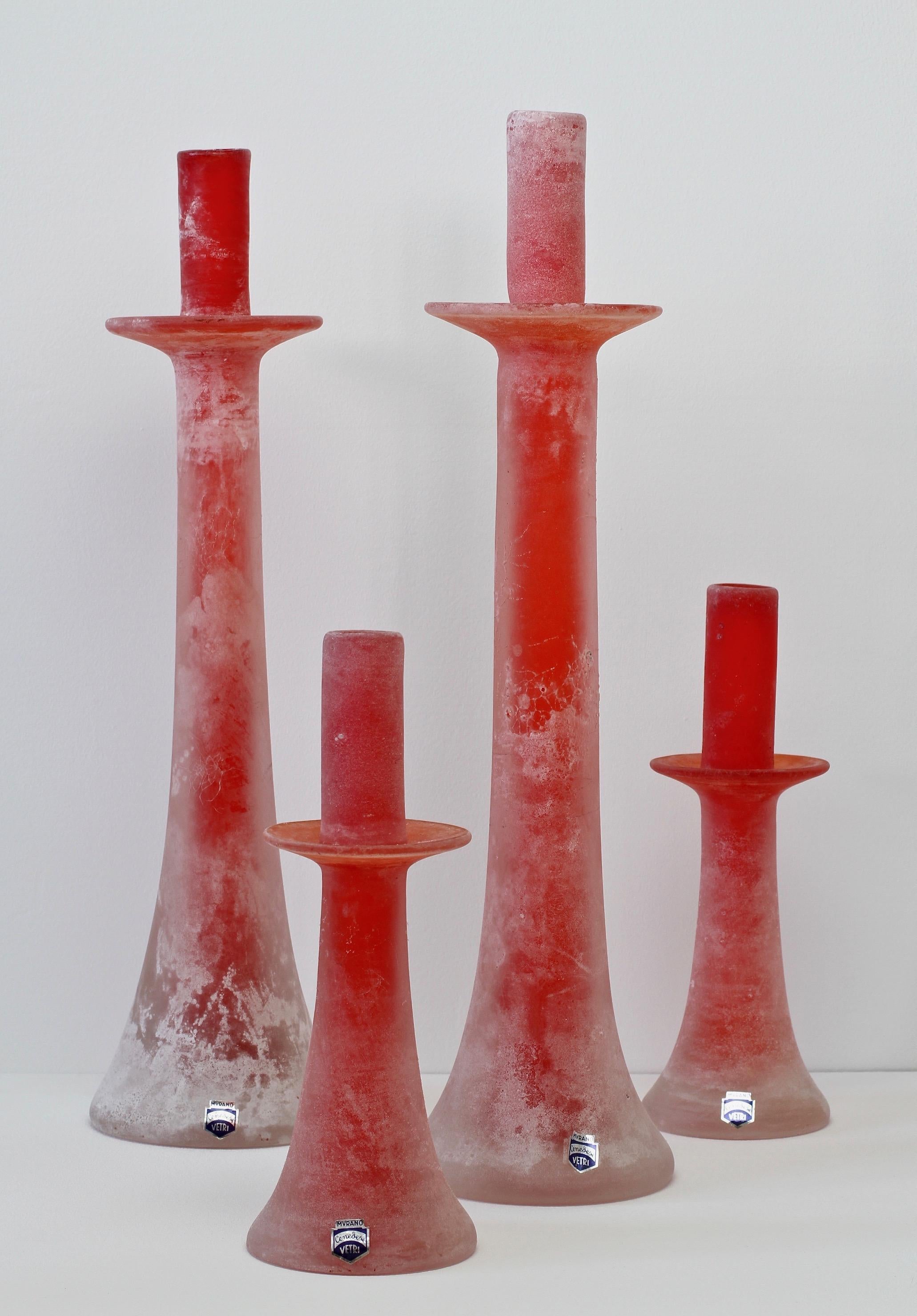Italian Signed Cenedese Tall Set / Group of Red Murano Scavo Glass Candlestick Holders