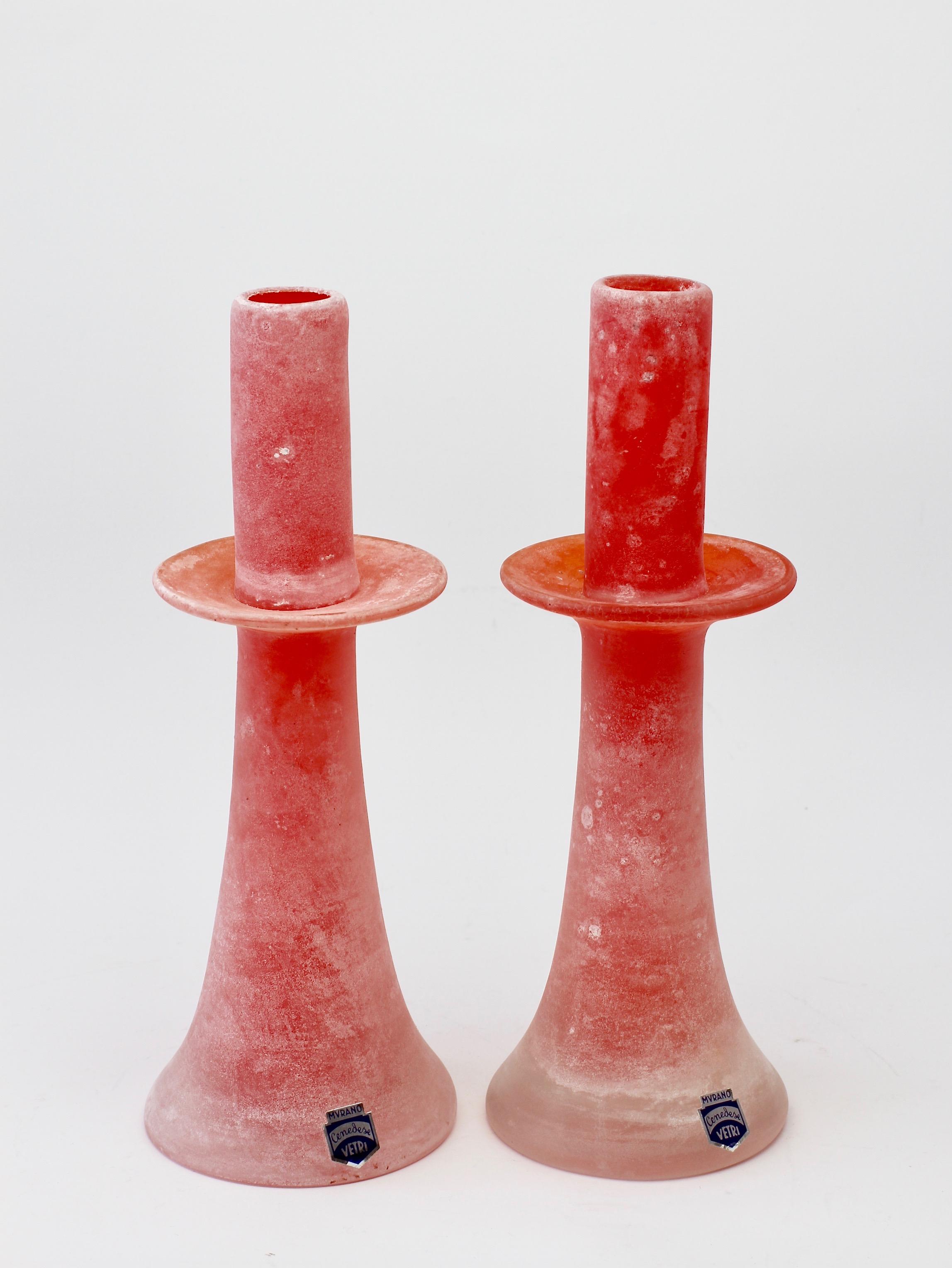 Murano Glass Signed Cenedese Tall Set / Group of Red Murano Scavo Glass Candlestick Holders
