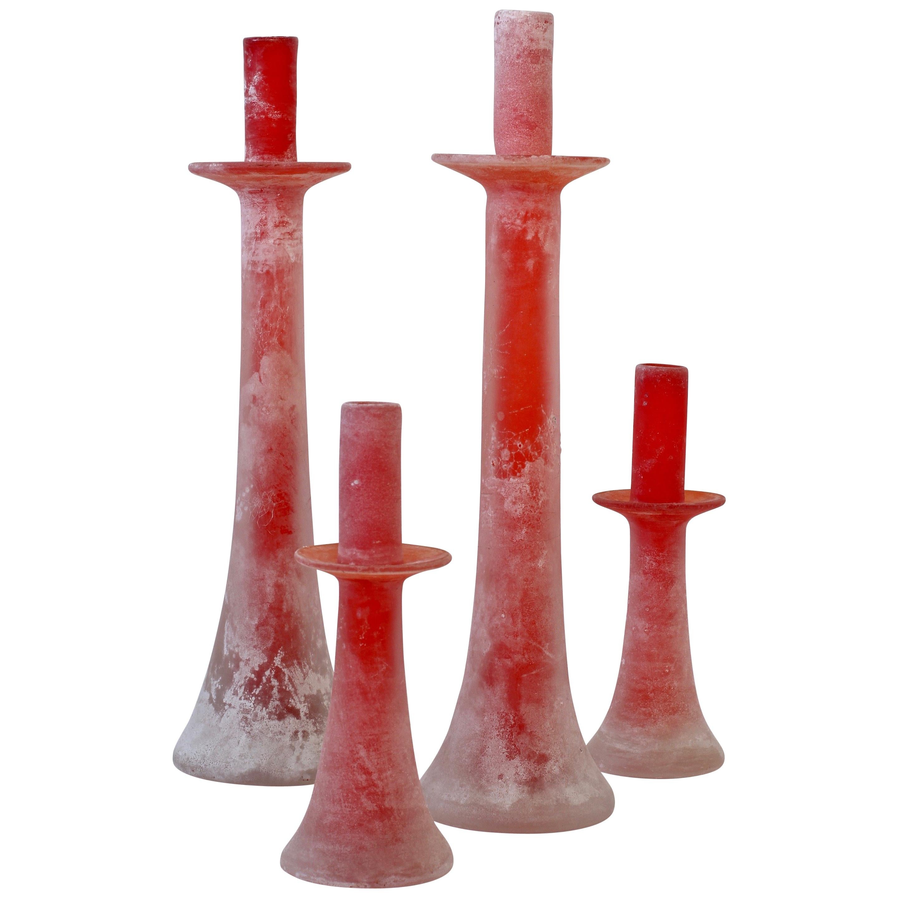 Signed Cenedese Tall Set / Group of Red Murano Scavo Glass Candlestick Holders