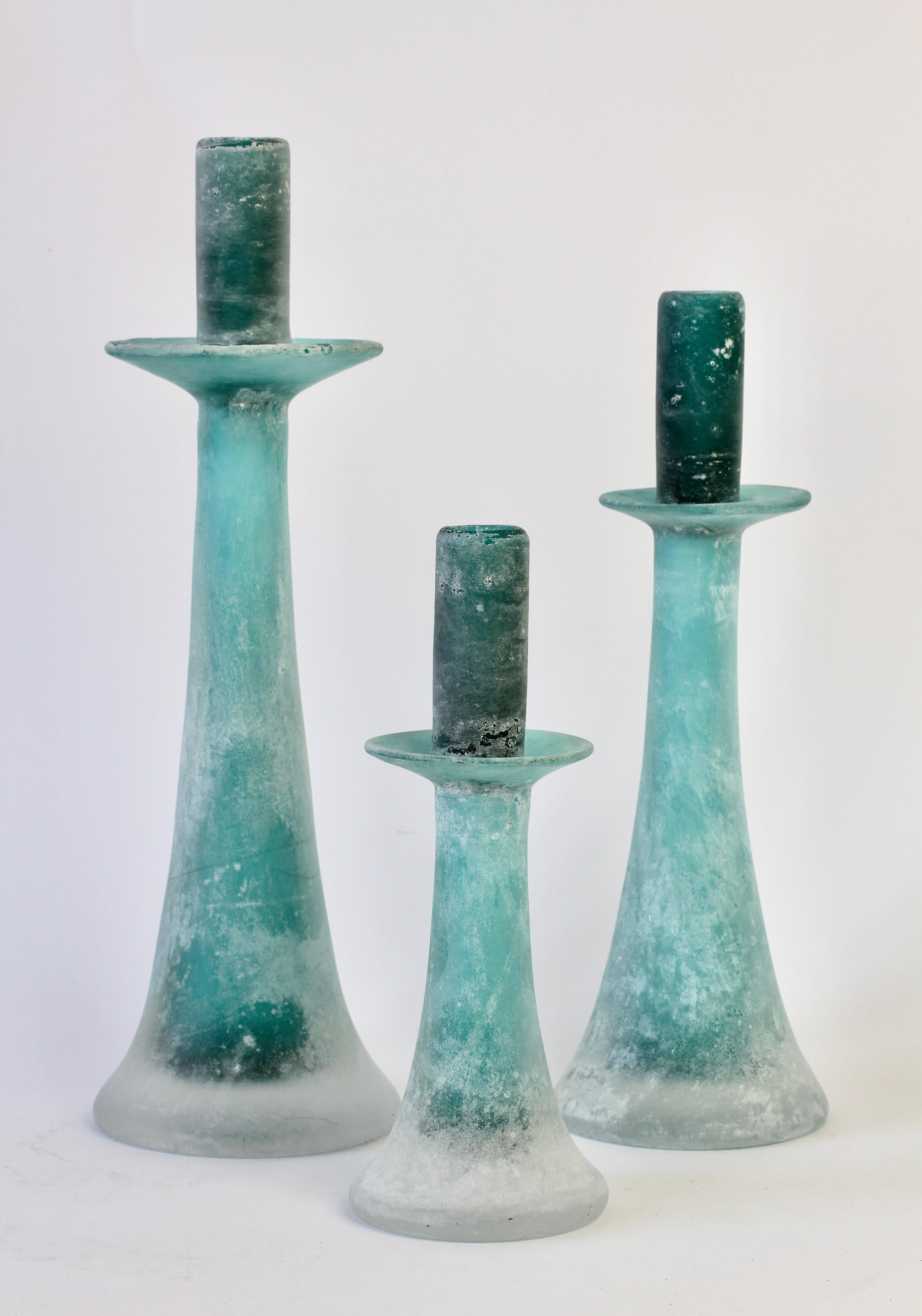 Signed Cenedese Tall Trio / Set of Turquoise Murano Glass Candlestick Holders For Sale 3