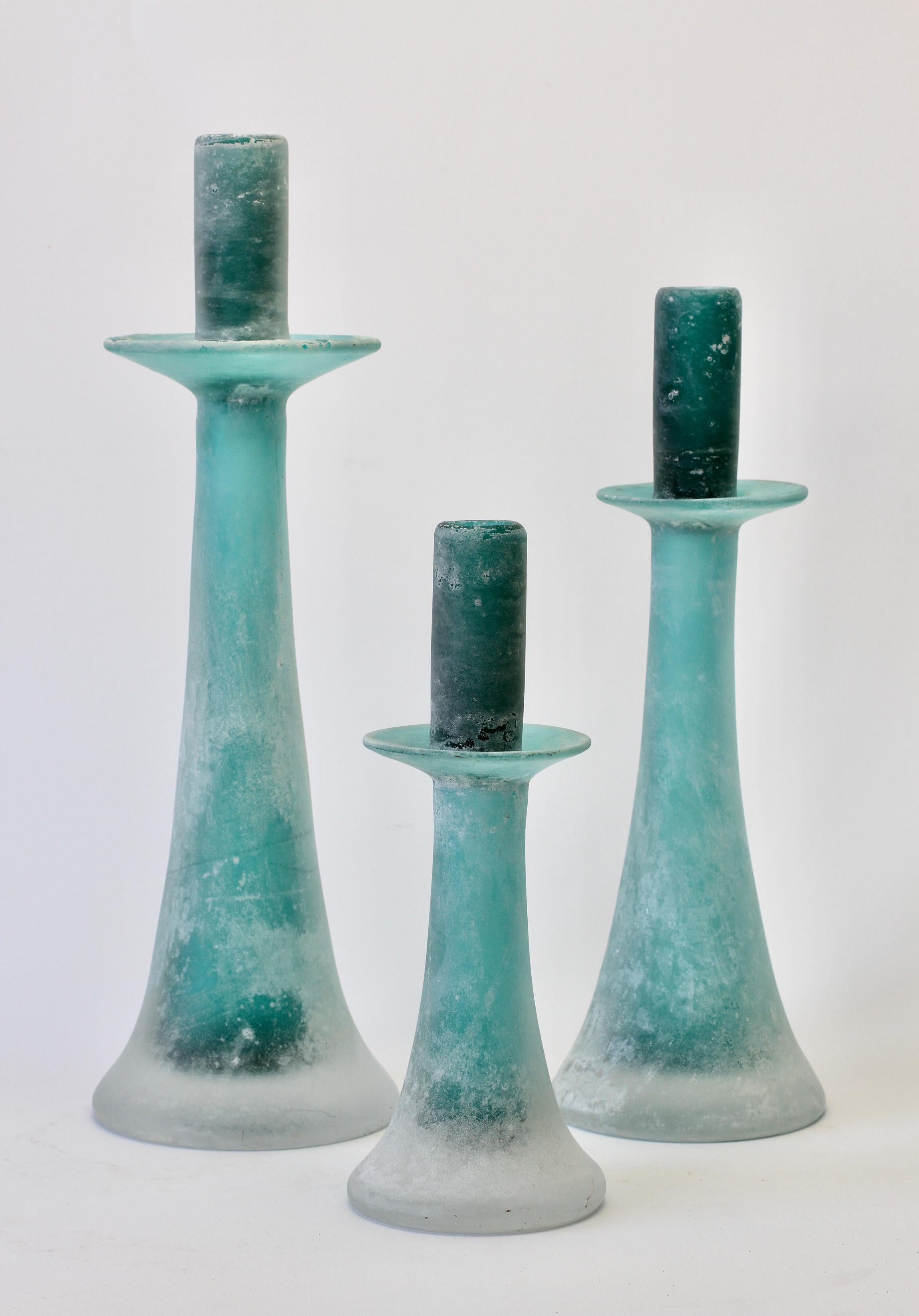 Signed Cenedese Tall Trio / Set of Turquoise Murano Glass Candlestick Holders For Sale 4