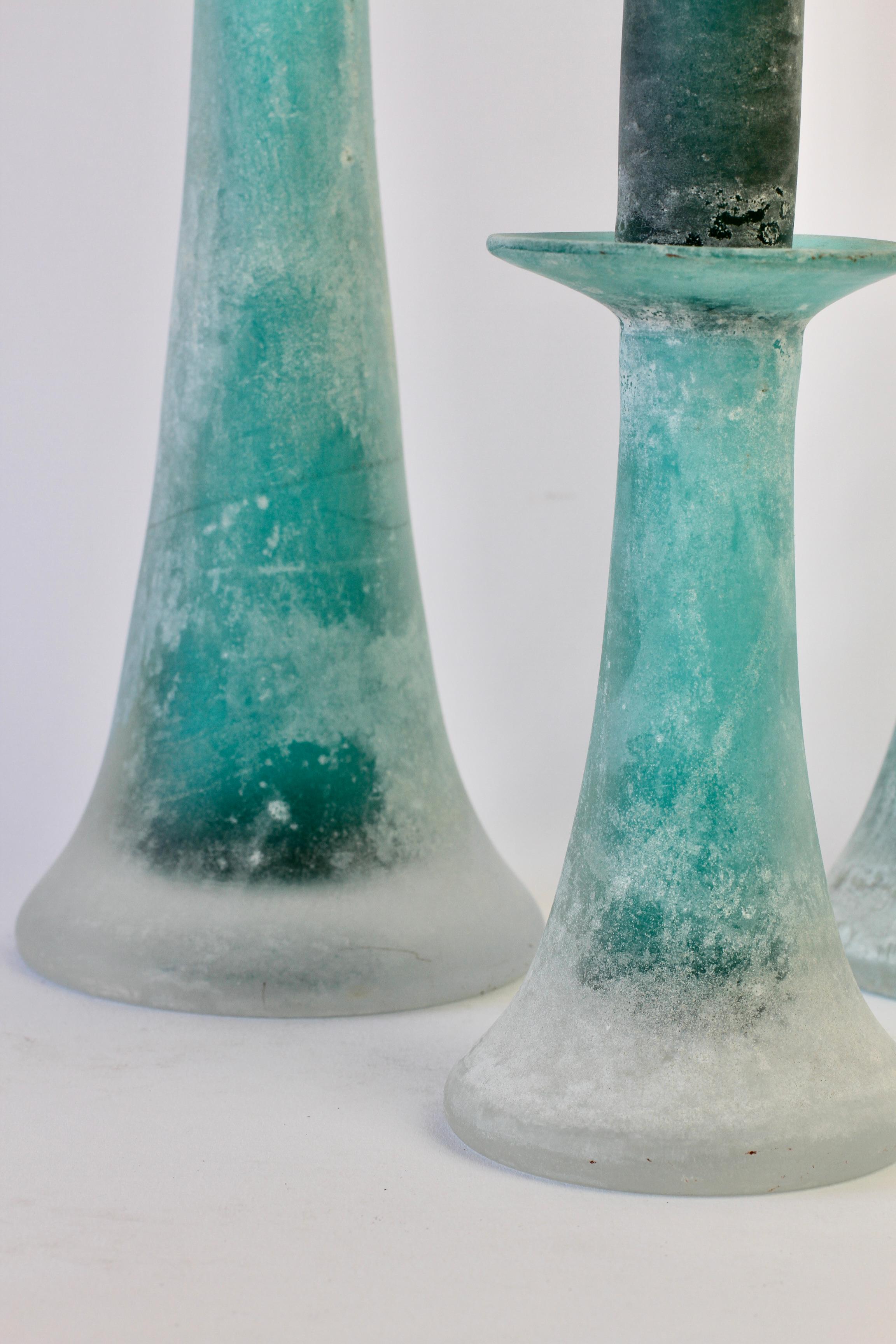 Signed Cenedese Tall Trio / Set of Turquoise Murano Glass Candlestick Holders For Sale 7