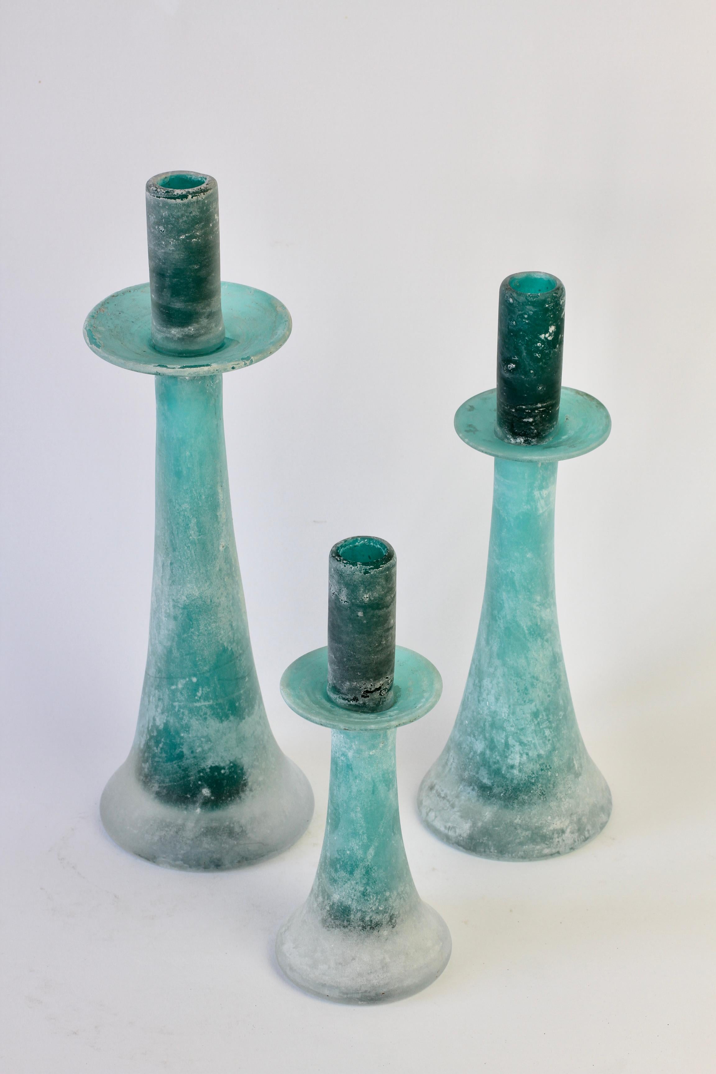 Mid-Century Modern Signed Cenedese Tall Trio / Set of Turquoise Murano Glass Candlestick Holders For Sale