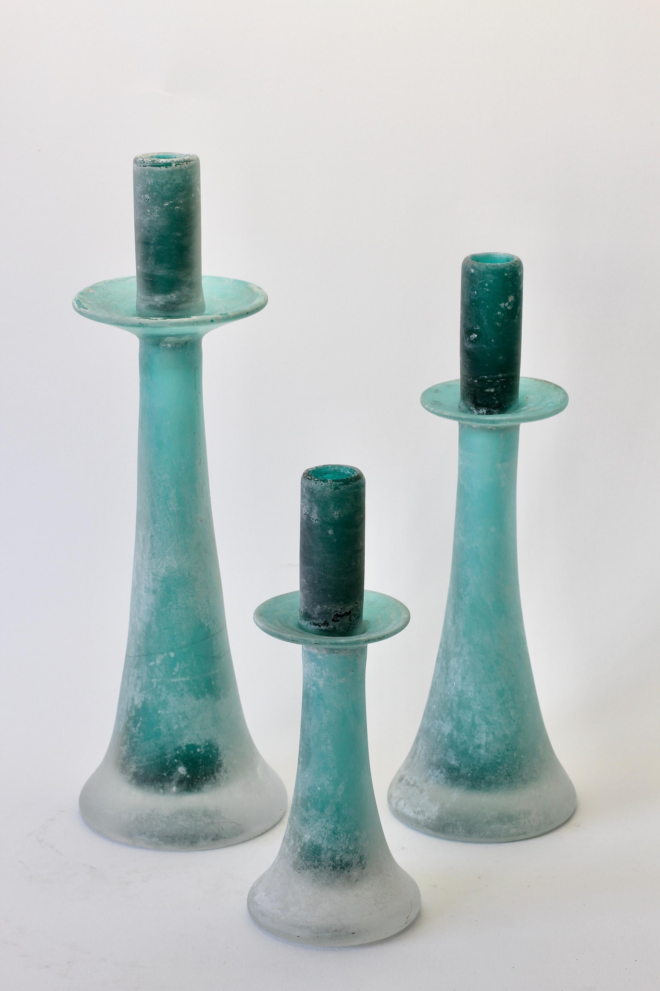 Italian Signed Cenedese Tall Trio / Set of Turquoise Murano Glass Candlestick Holders For Sale