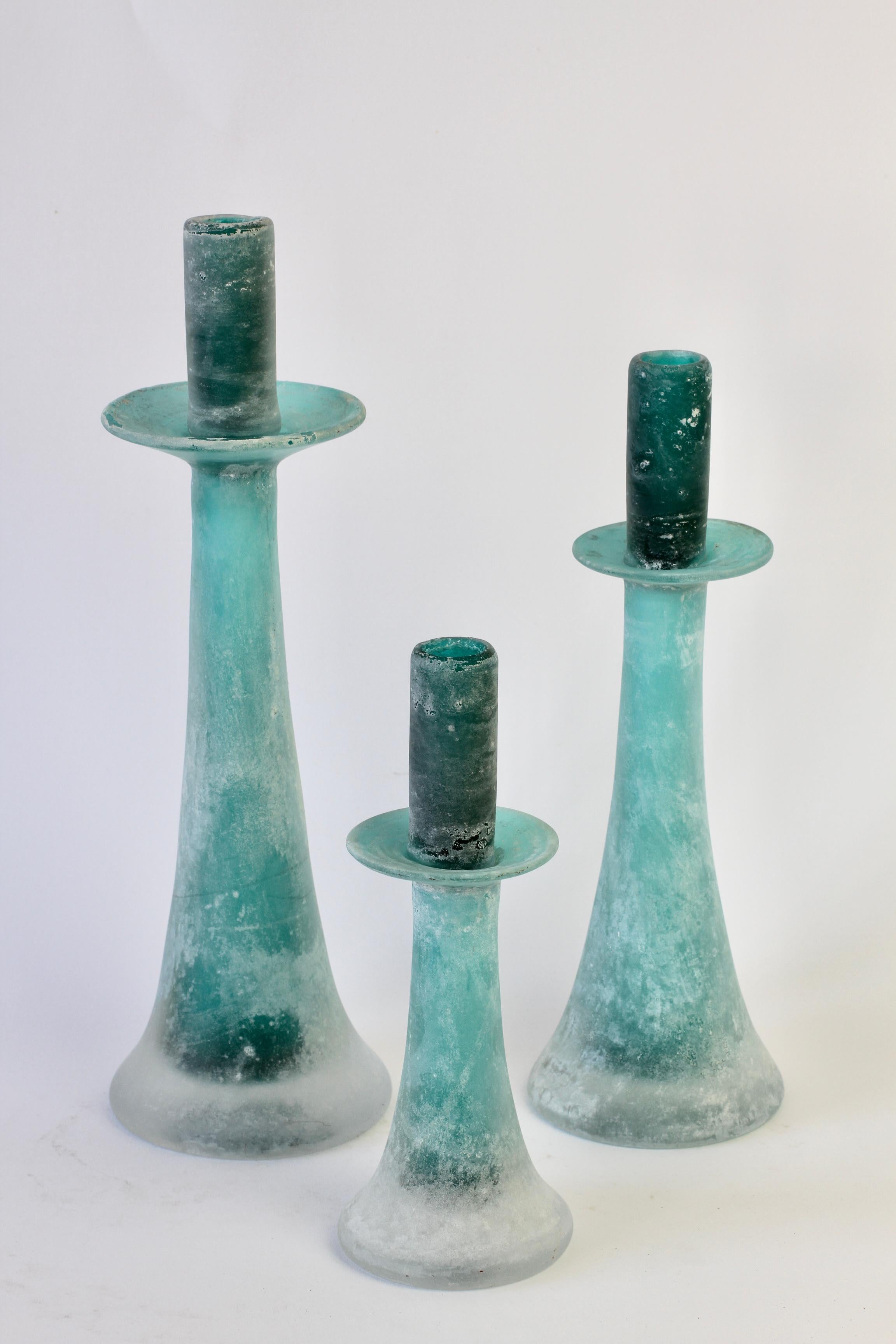 20th Century Signed Cenedese Tall Trio / Set of Turquoise Murano Glass Candlestick Holders For Sale