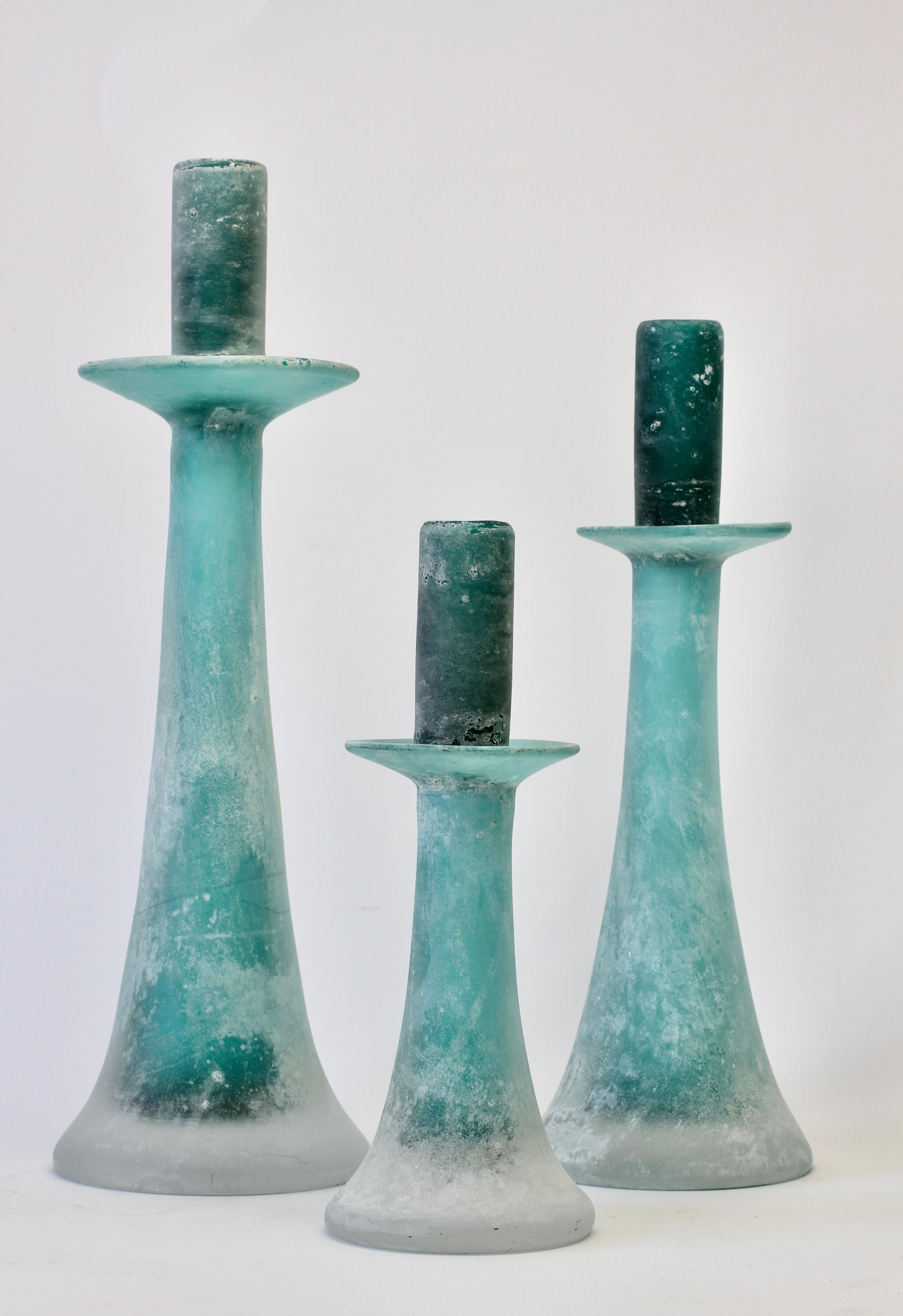 Signed Cenedese Tall Trio / Set of Turquoise Murano Glass Candlestick Holders For Sale 1