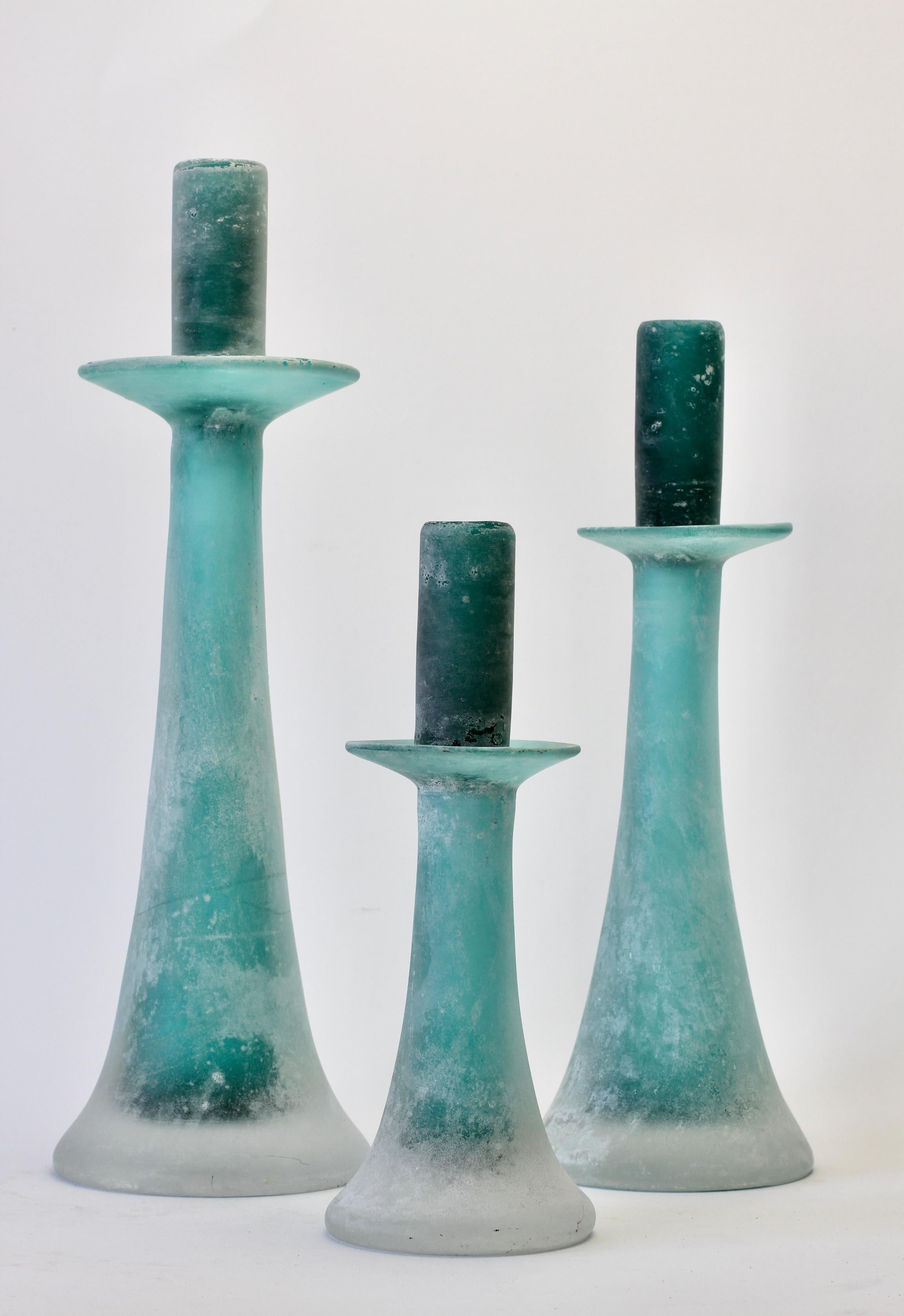 Signed Cenedese Tall Trio / Set of Turquoise Murano Glass Candlestick Holders For Sale 2