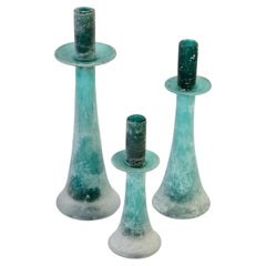 Signed Cenedese Tall Trio / Set of Turquoise Murano Glass Candlestick Holders