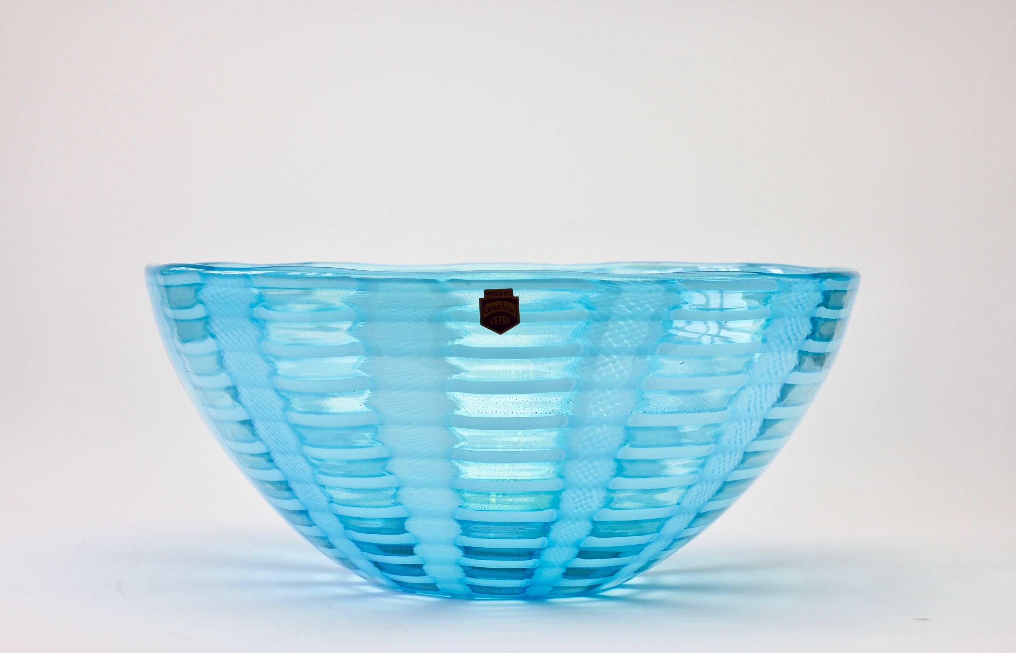 Mid-Century Modern Huge Signed Cenedese 'Tessuti' Blue Murano Art Glass Bowl, circa 2000 For Sale