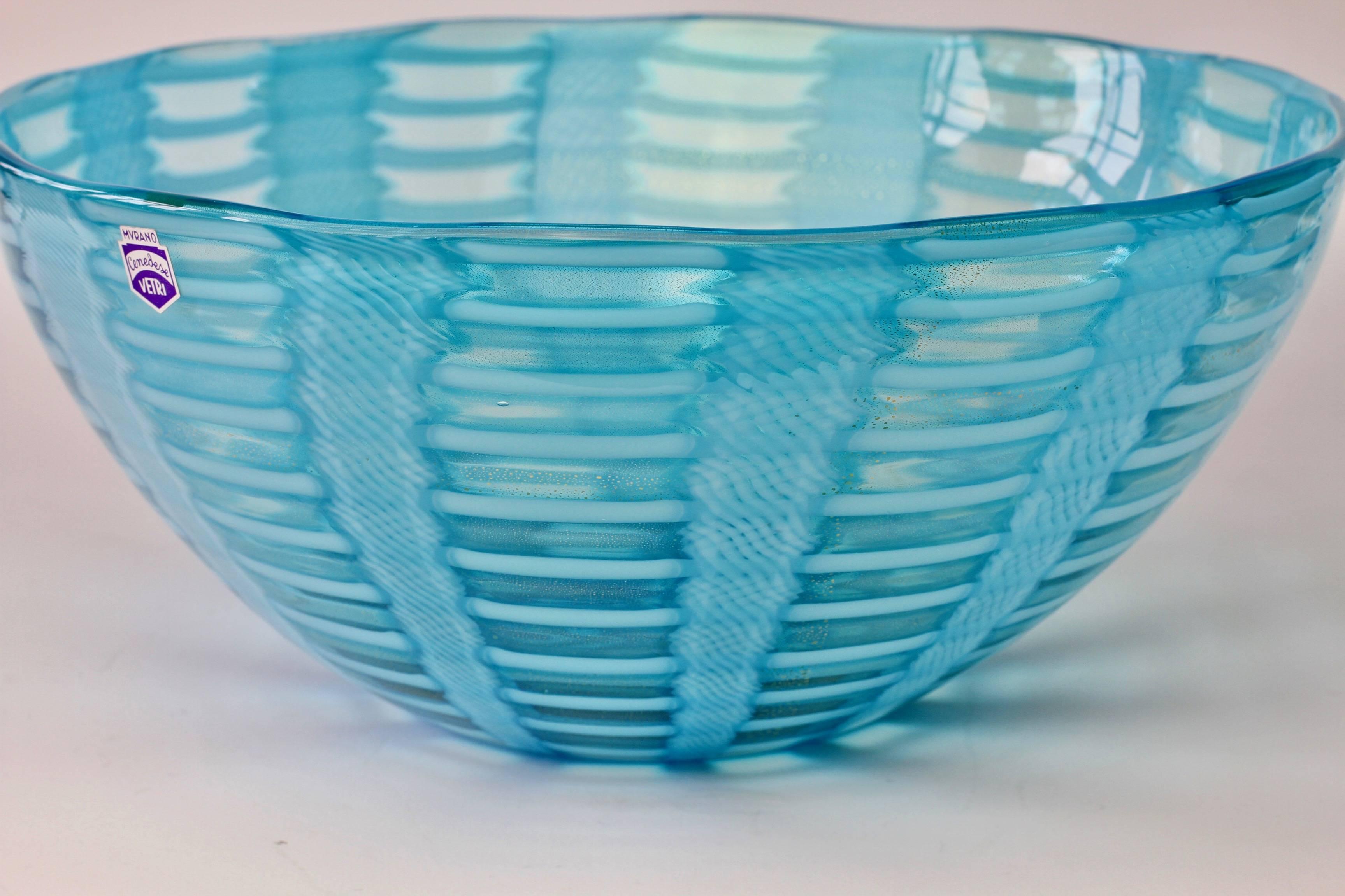 Italian Huge Signed Cenedese 'Tessuti' Blue Murano Art Glass Bowl, circa 2000 For Sale