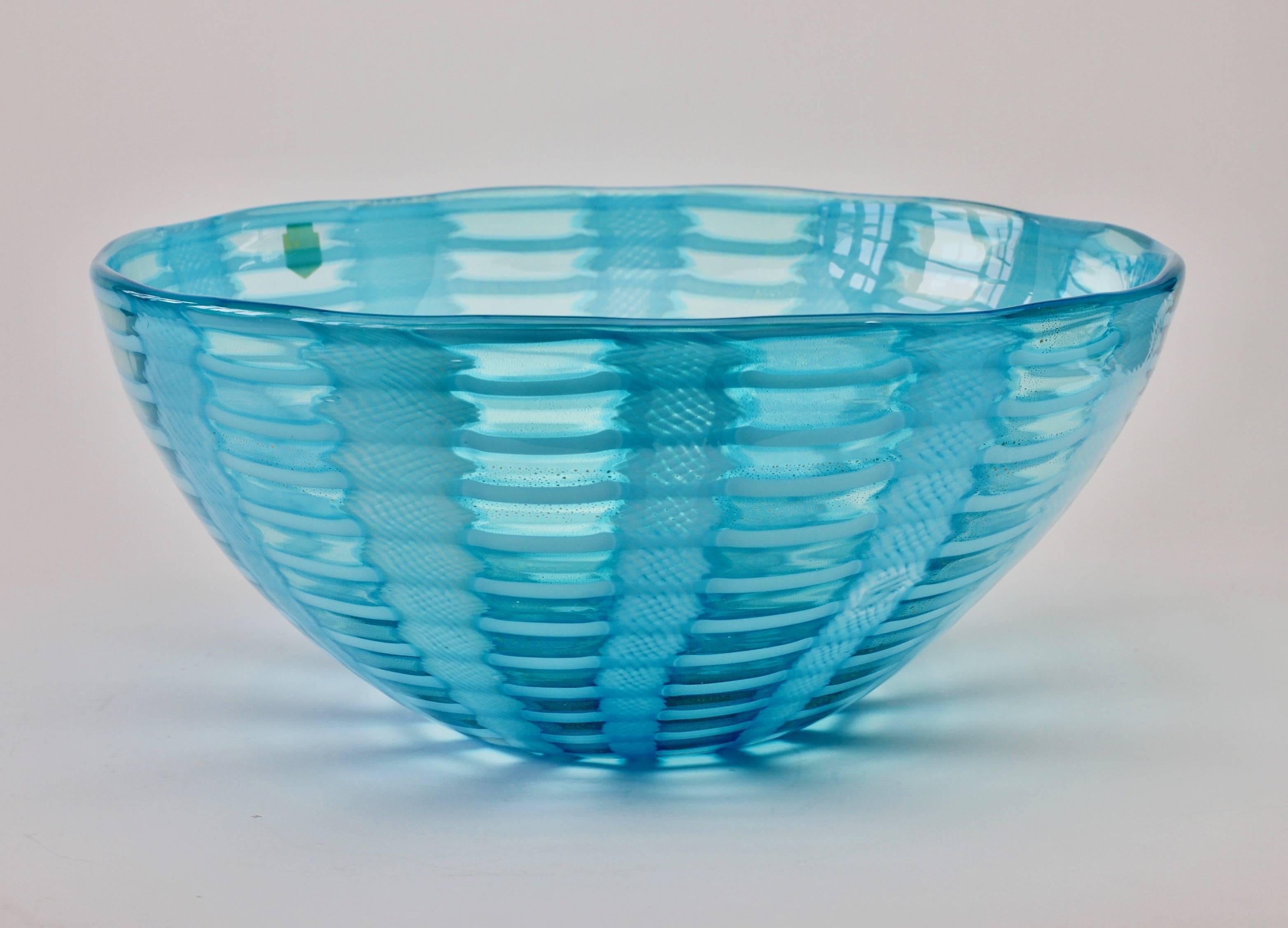 Contemporary Huge Signed Cenedese 'Tessuti' Blue Murano Art Glass Bowl, circa 2000 For Sale