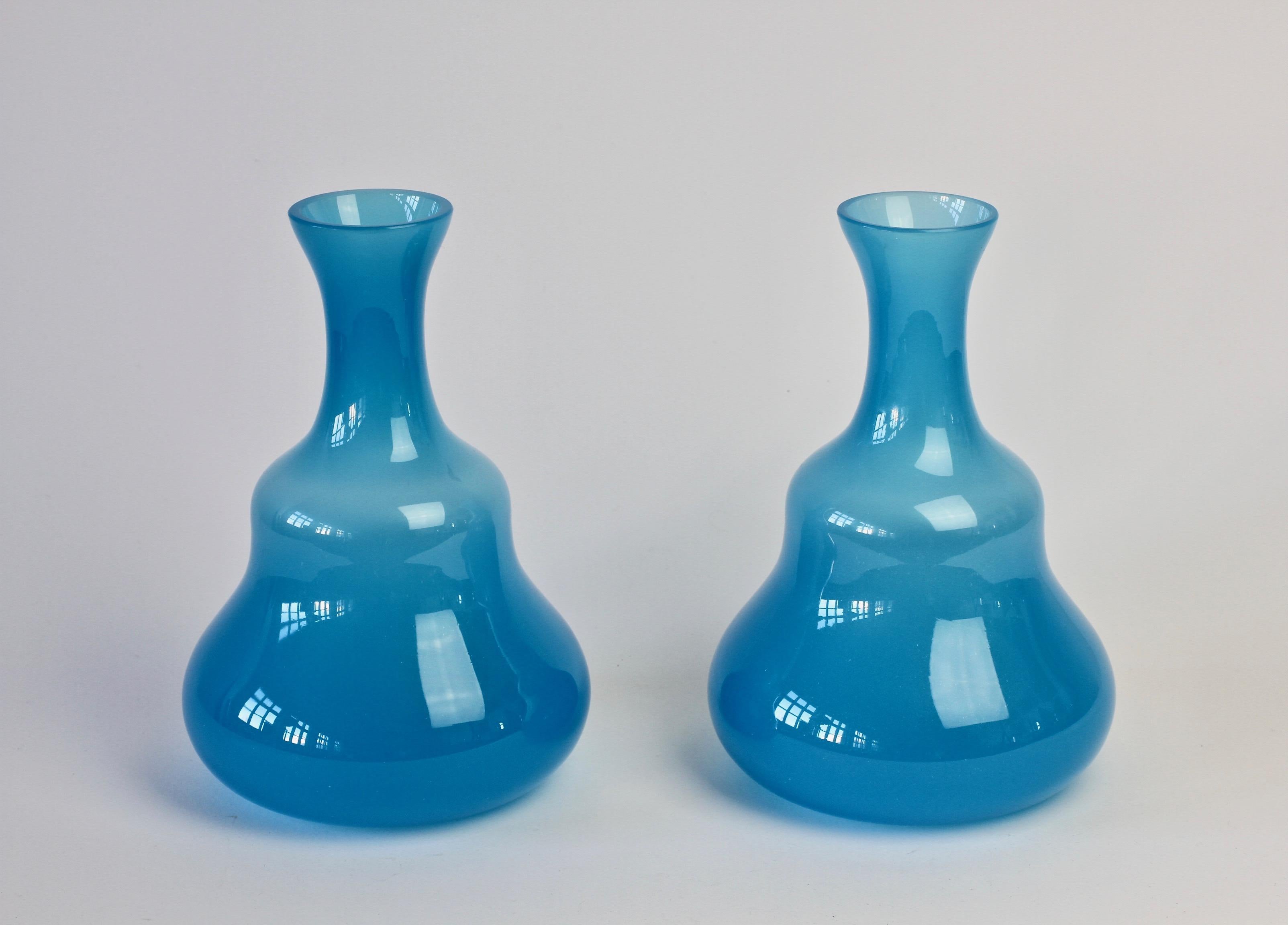 Mid-Century Modern Signed Cenedese Vintage Midcentury Pair of Blue Italian Murano Glass Vases