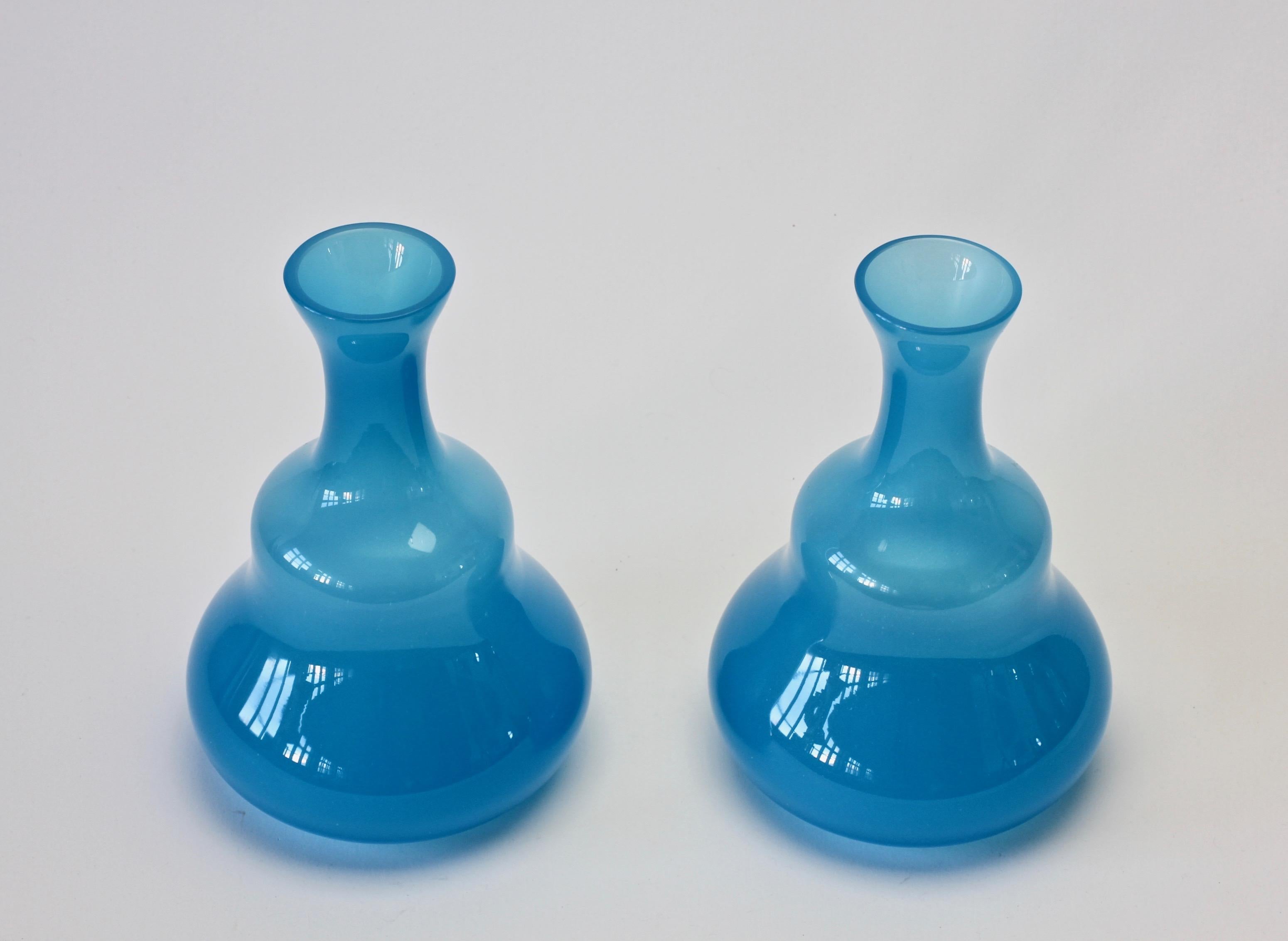 Blown Glass Signed Cenedese Vintage Midcentury Pair of Blue Italian Murano Glass Vases