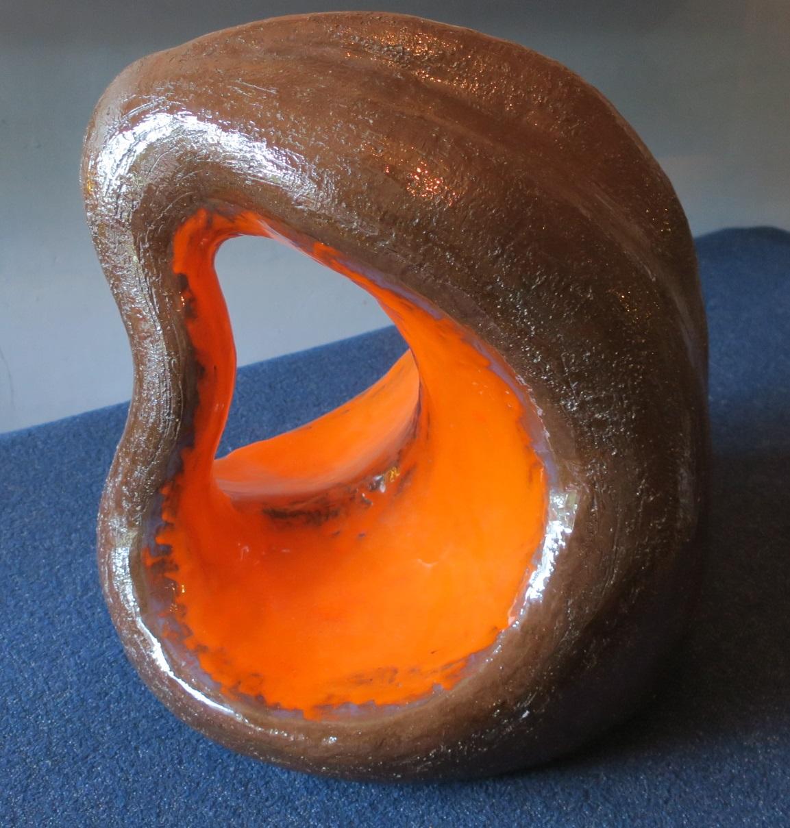 Ceramic sculpture dating from about 1970 with organic, abstract, human-like form, signed 'CF' inside the rim underneath.