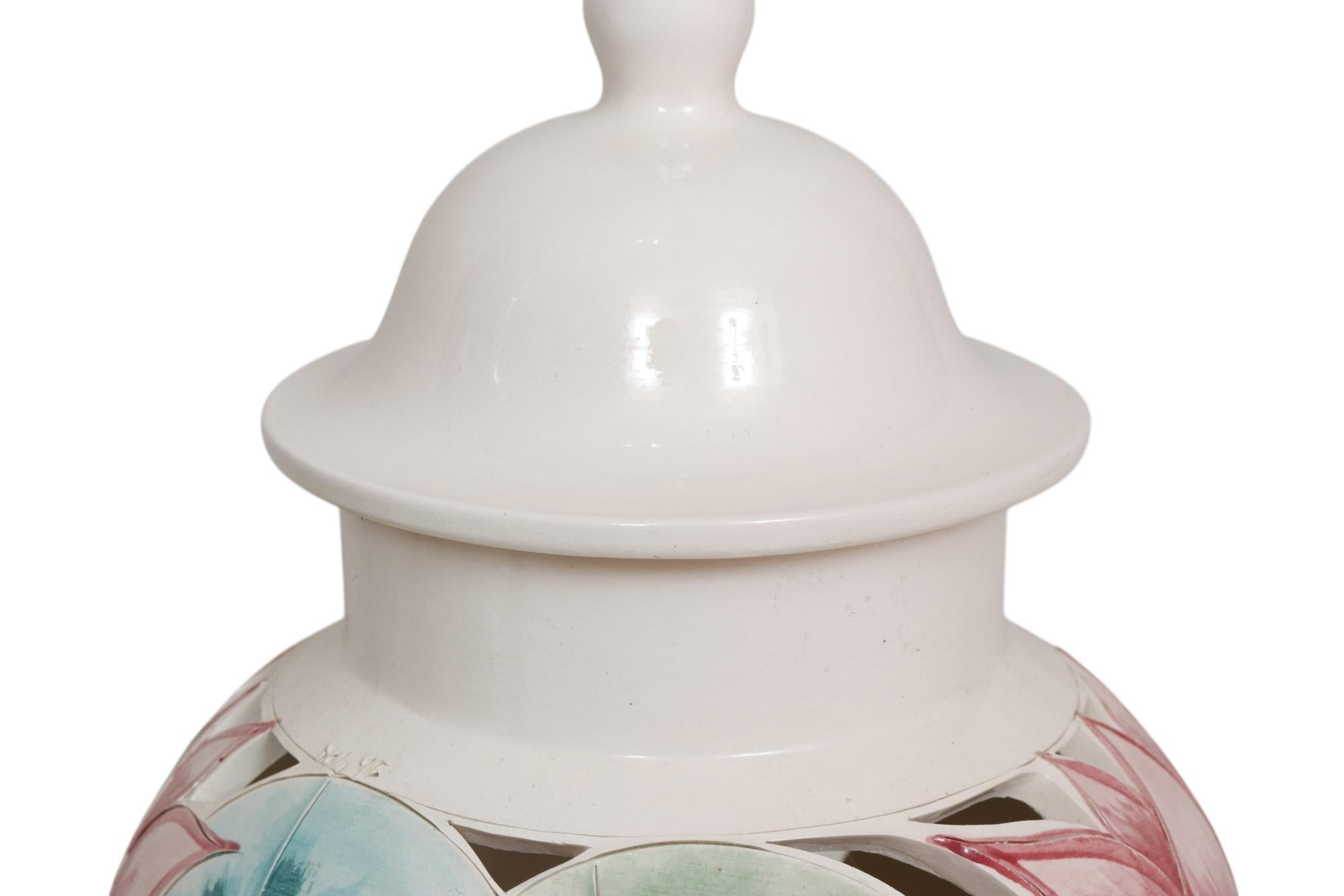 Rustic Signed Ceramic Floral Ginger Jar Table Lamps, a Pair For Sale