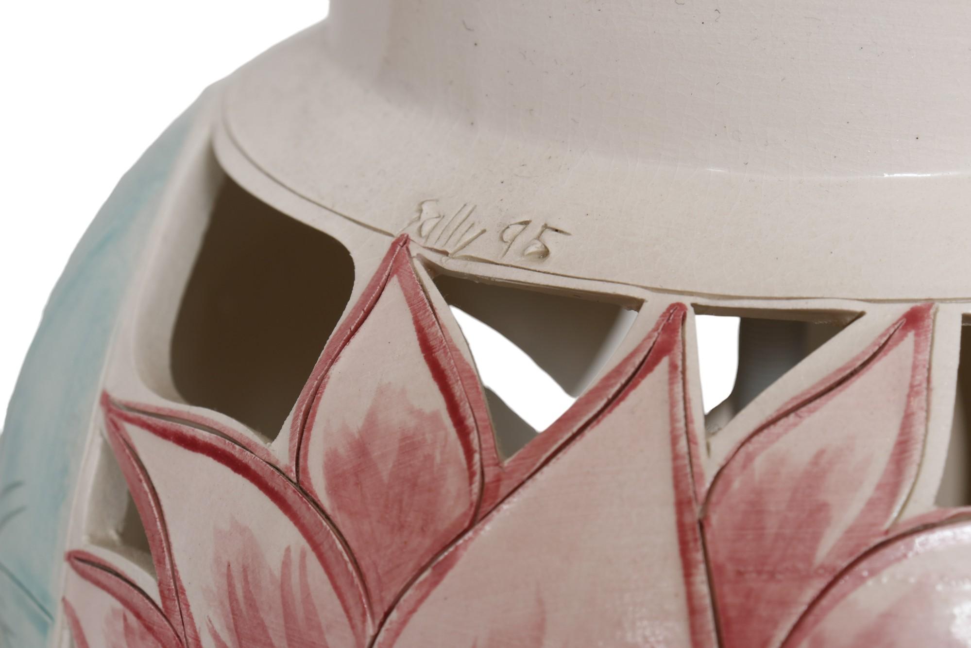 American Signed Ceramic Floral Ginger Jar Table Lamps, a Pair For Sale