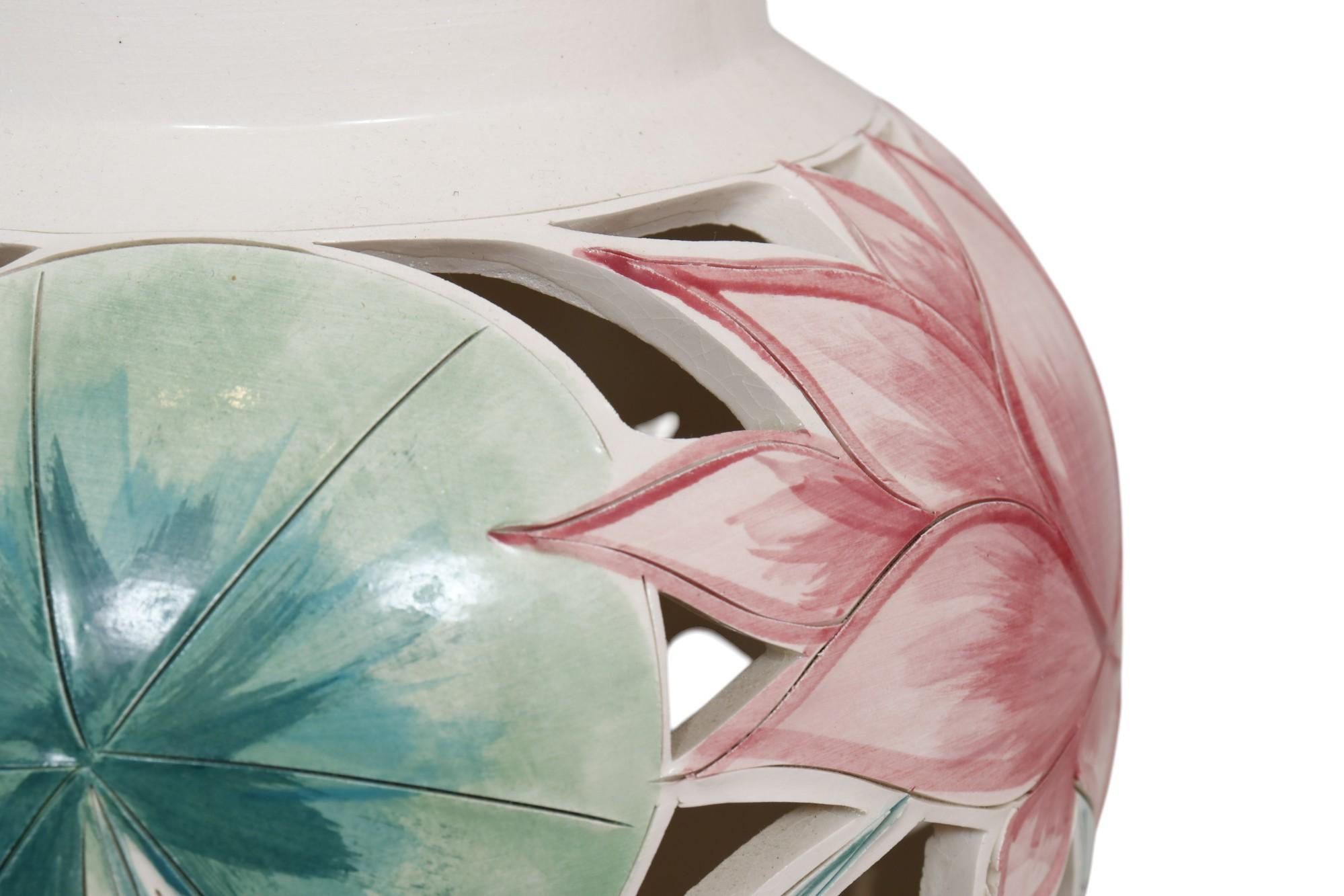 Late 20th Century Signed Ceramic Floral Ginger Jar Table Lamps, a Pair For Sale