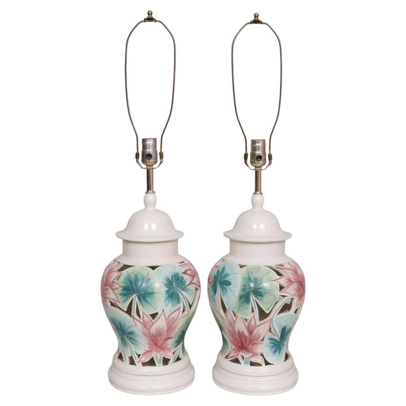Signed Ceramic Floral Ginger Jar Table Lamps, a Pair For Sale