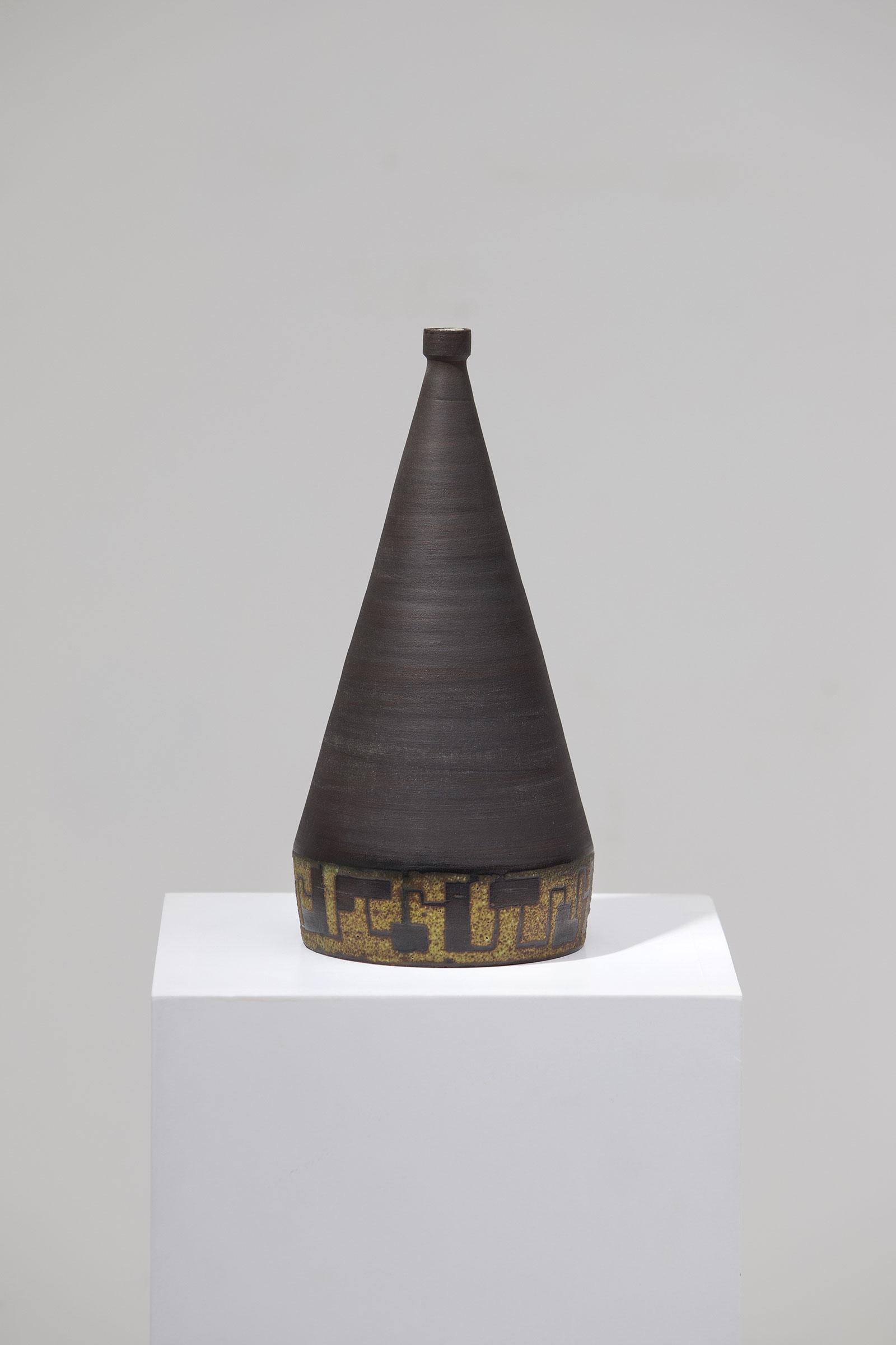 Mid-Century Modern Signed Ceramic Vase, 1963 with Black Glaze Finish For Sale