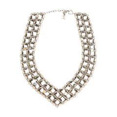 Signed Chanel Silver Rock Stud 3 Row Metal Link V Necklace 90'S