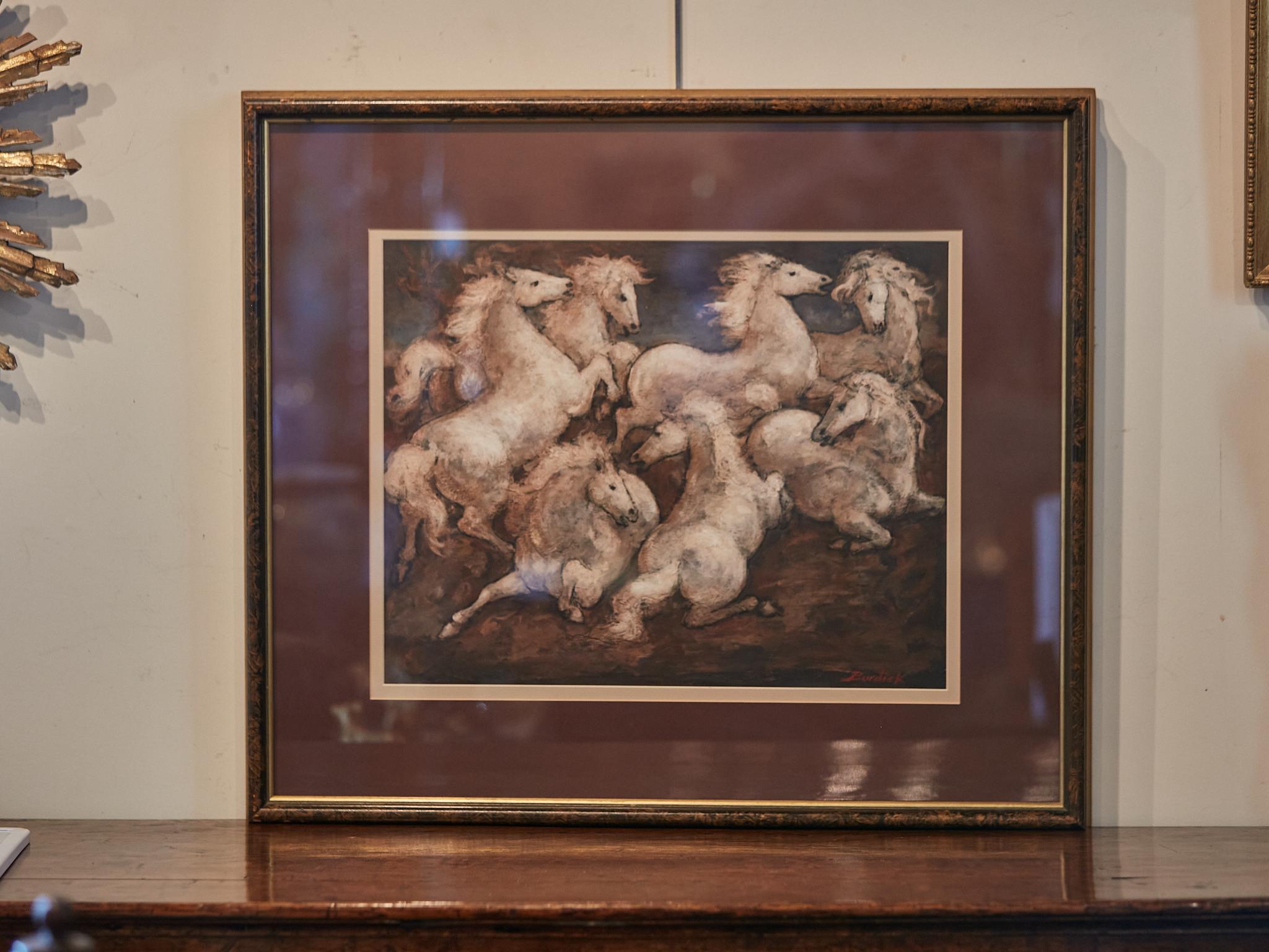 Peinture acrylique signée de Charles Burdick représentant un cheval, datant de la période du milieu du siècle dernier, dans un cadre sous verre. Capturez l'esprit de l'époque du Midcentury avec cette captivante peinture acrylique signée Charles