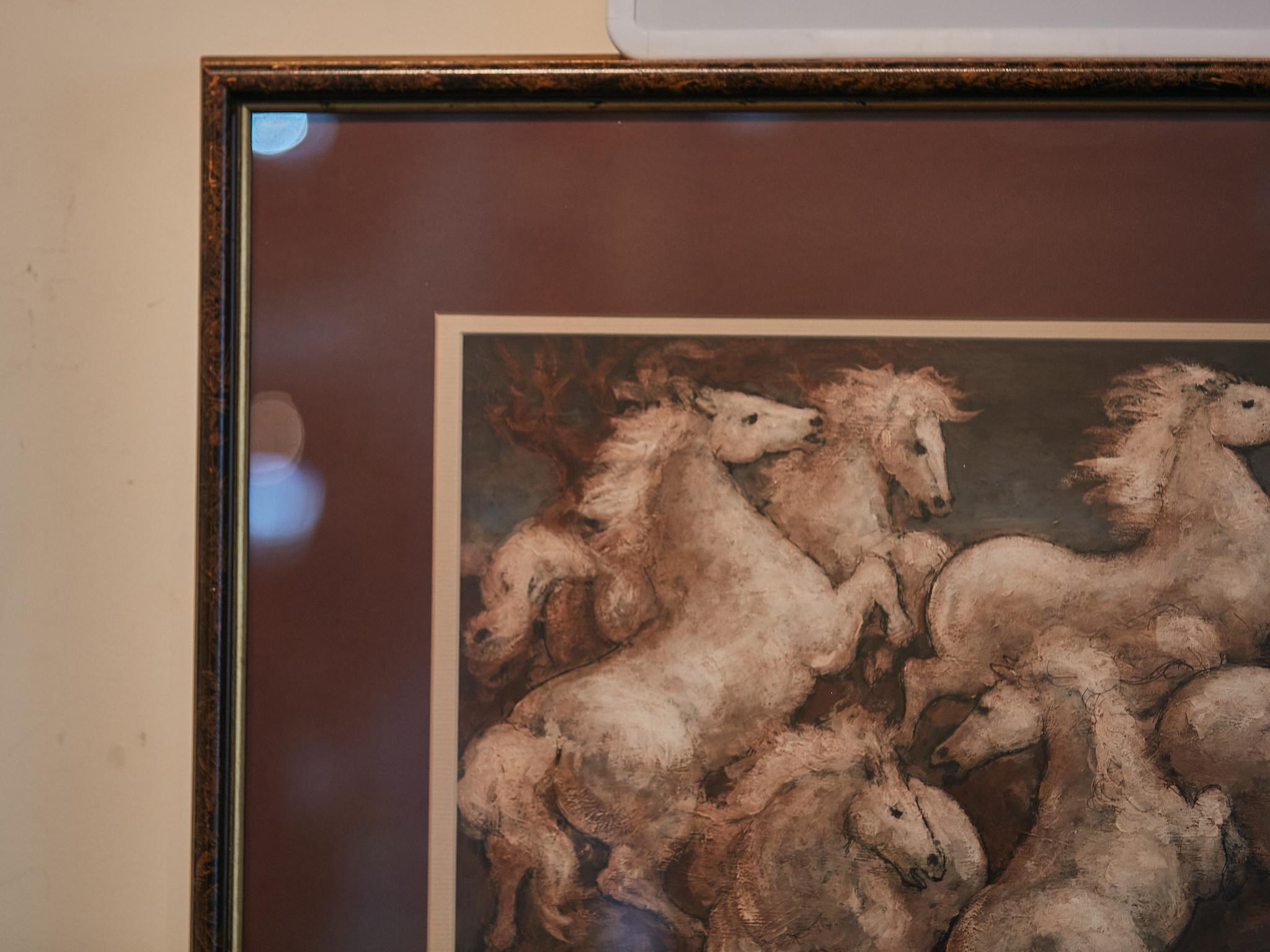 Signed Charles Burdick Midcentury Acrylic Horse Painting in Frame under Glass In Good Condition For Sale In Atlanta, GA