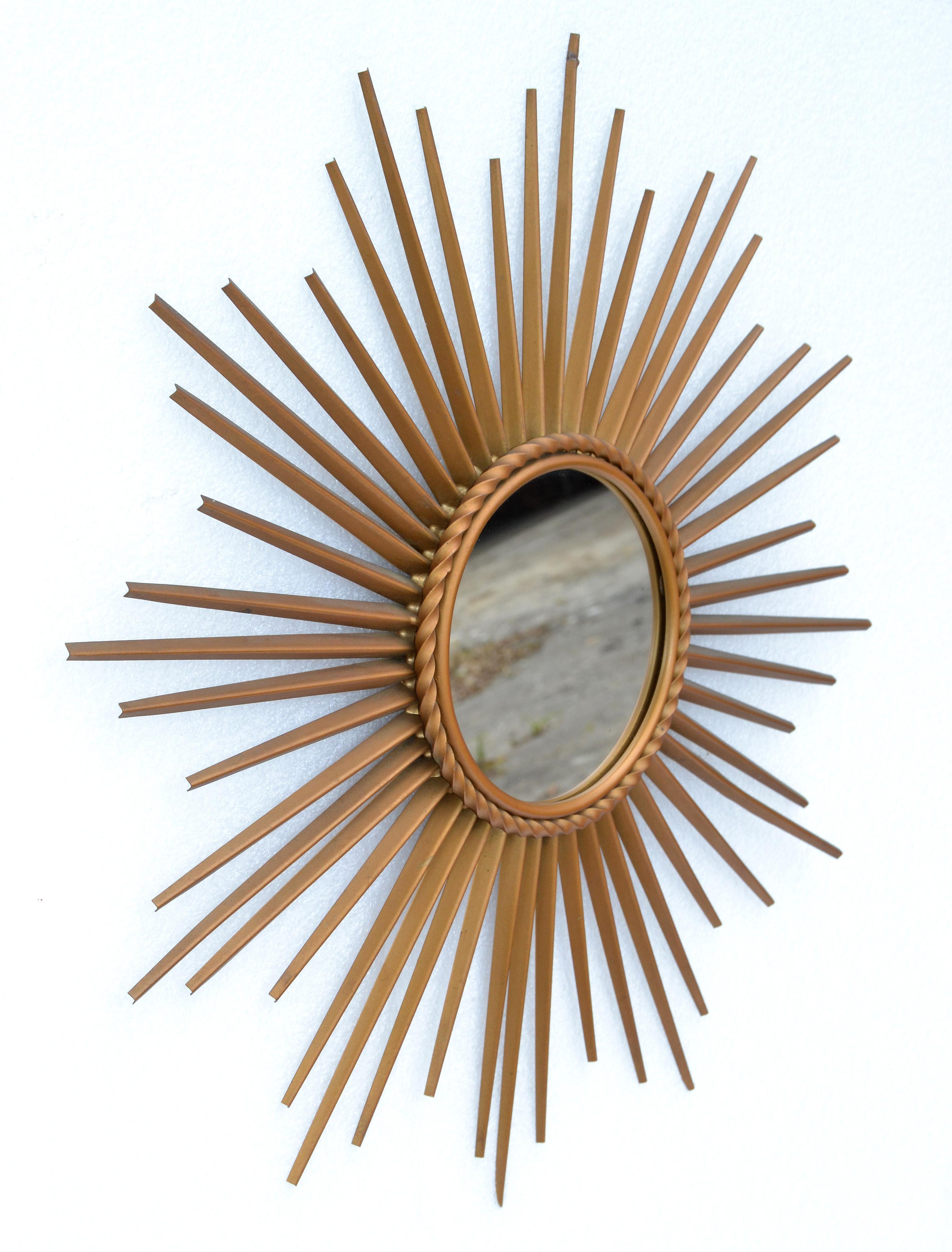 Mid-Century Modern Signed Chaty Vallauris France Gold Finish Iron Sunburst Mirror Wall Mirror, 1970 For Sale