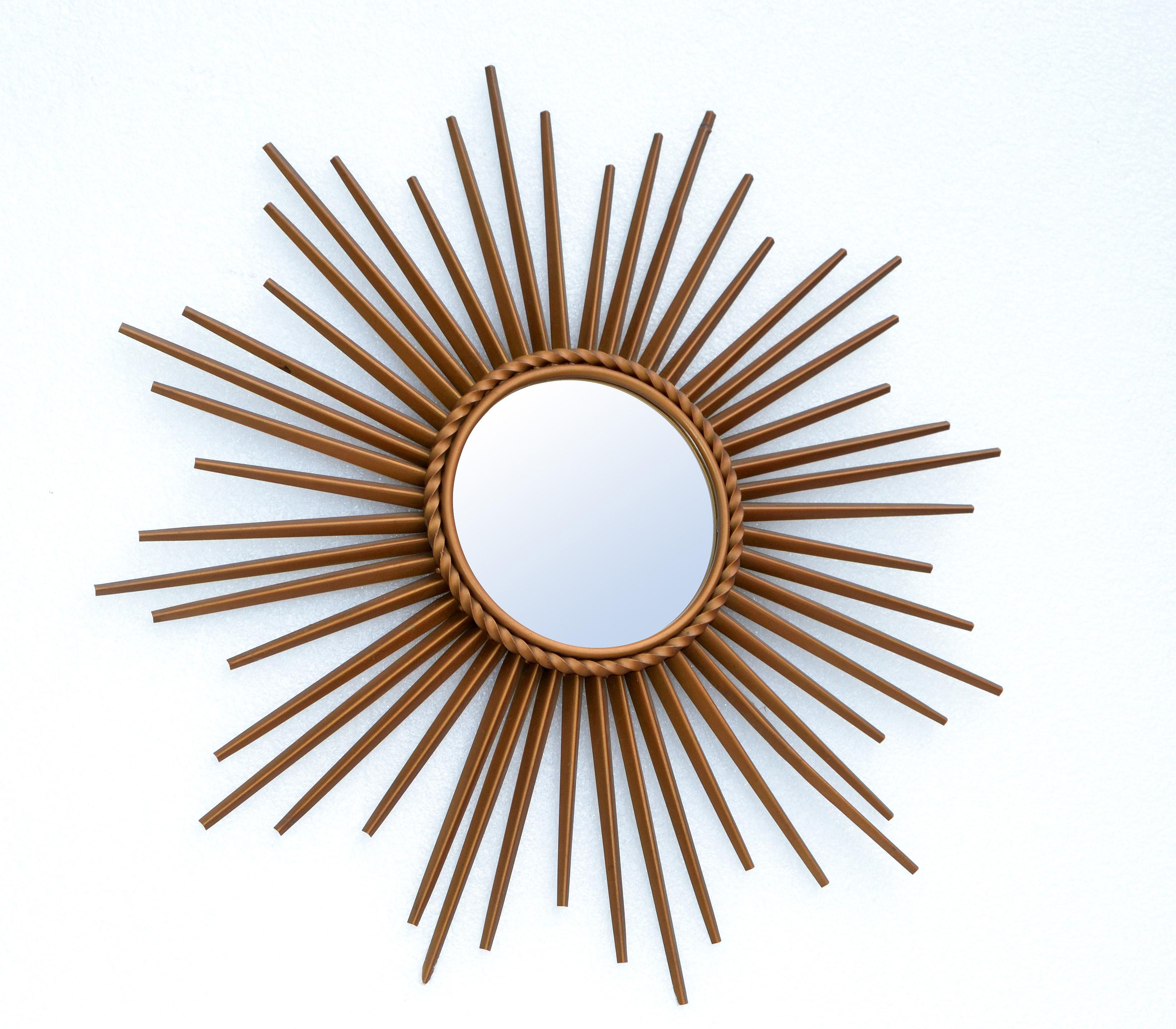 French Signed Chaty Vallauris France Gold Finish Iron Sunburst Mirror Wall Mirror, 1970 For Sale