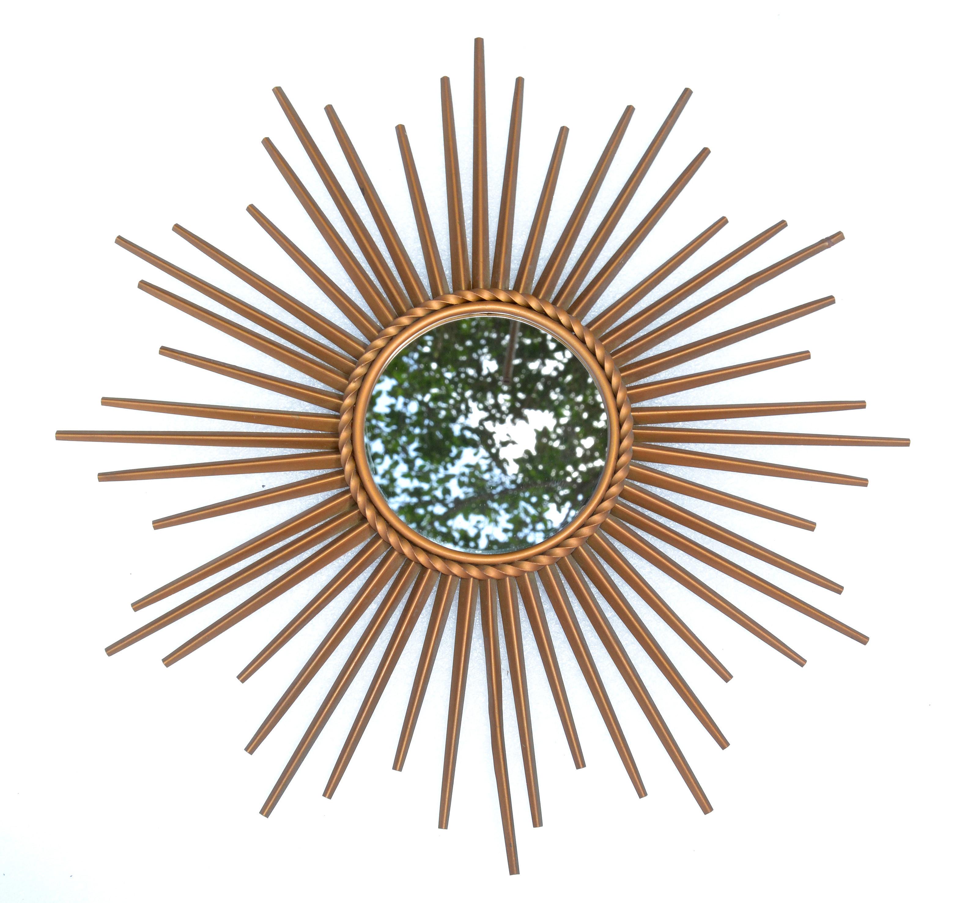 Hand-Crafted Signed Chaty Vallauris France Gold Finish Iron Sunburst Mirror Wall Mirror, 1970 For Sale