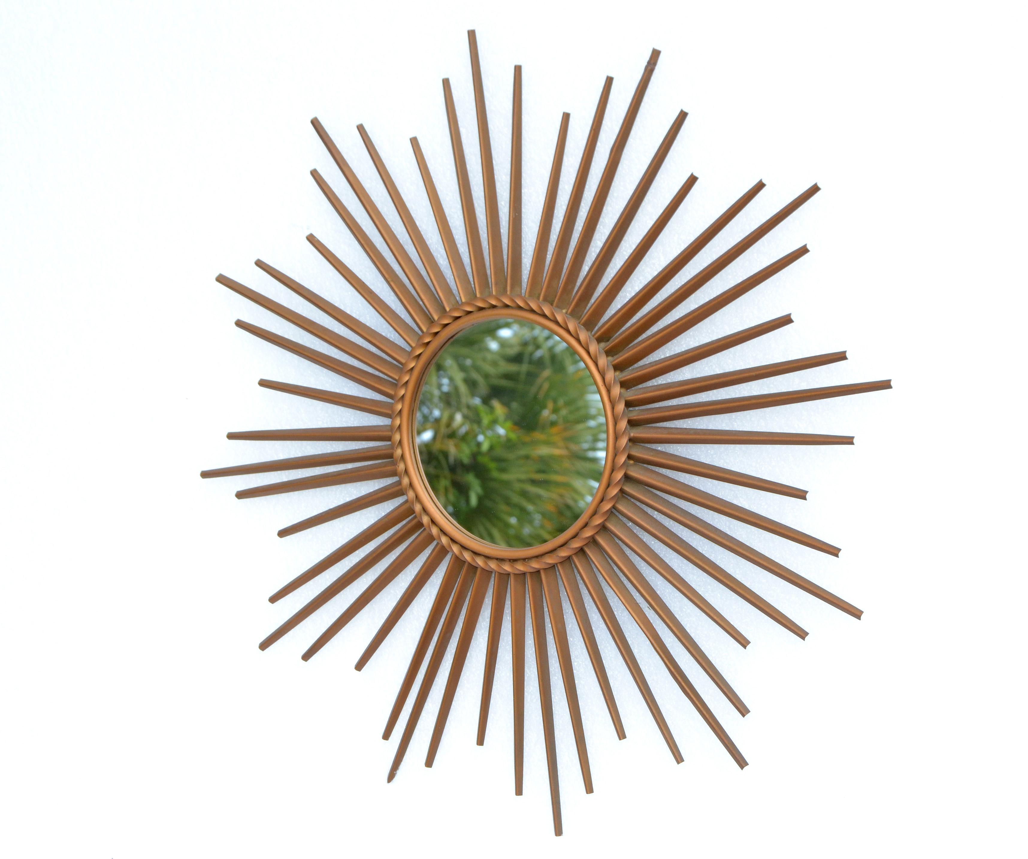 Signed Chaty Vallauris France Gold Finish Iron Sunburst Mirror Wall Mirror, 1970 In Good Condition For Sale In Miami, FL