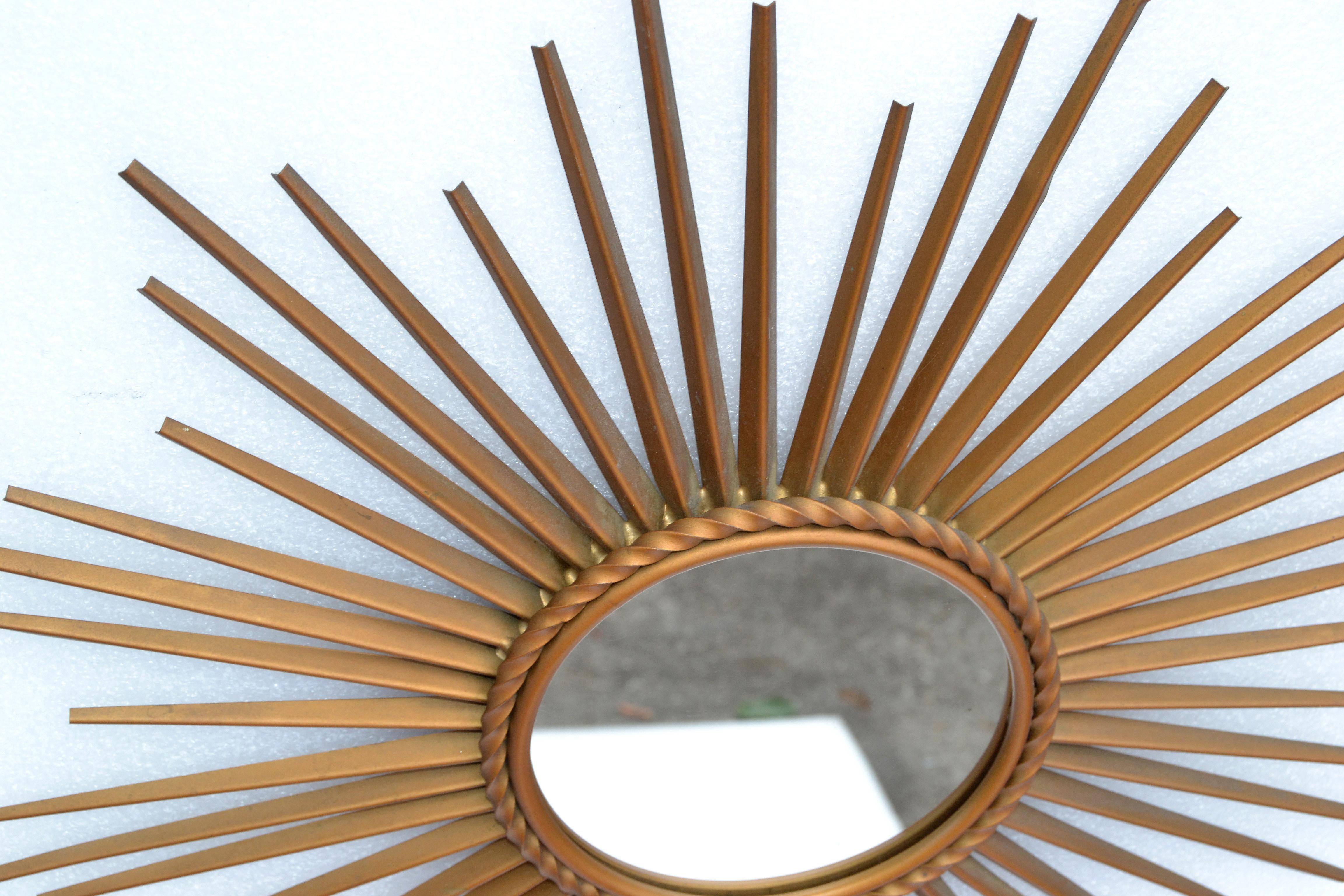 Signed Chaty Vallauris France Gold Finish Iron Sunburst Mirror Wall Mirror, 1970 For Sale 1