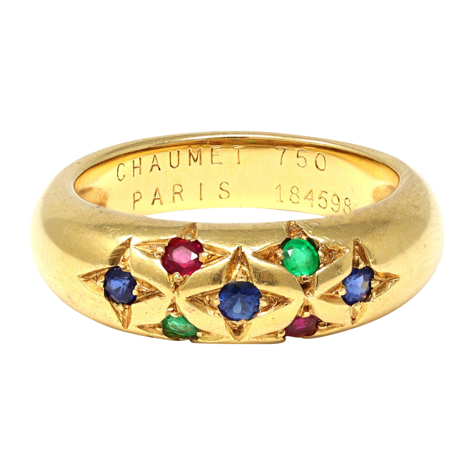 Signed Chaumet Paris Sapphire, Ruby, and Emerald Ring in 18k