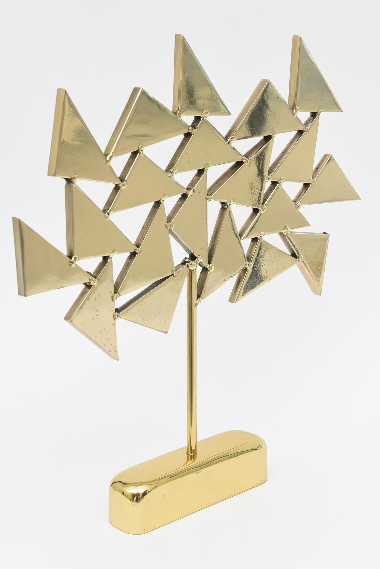 This French arresting 2 part brass abstract geometric signed vintage sculpture is from the 60;s and by Chevalier. It is tall at 18.5