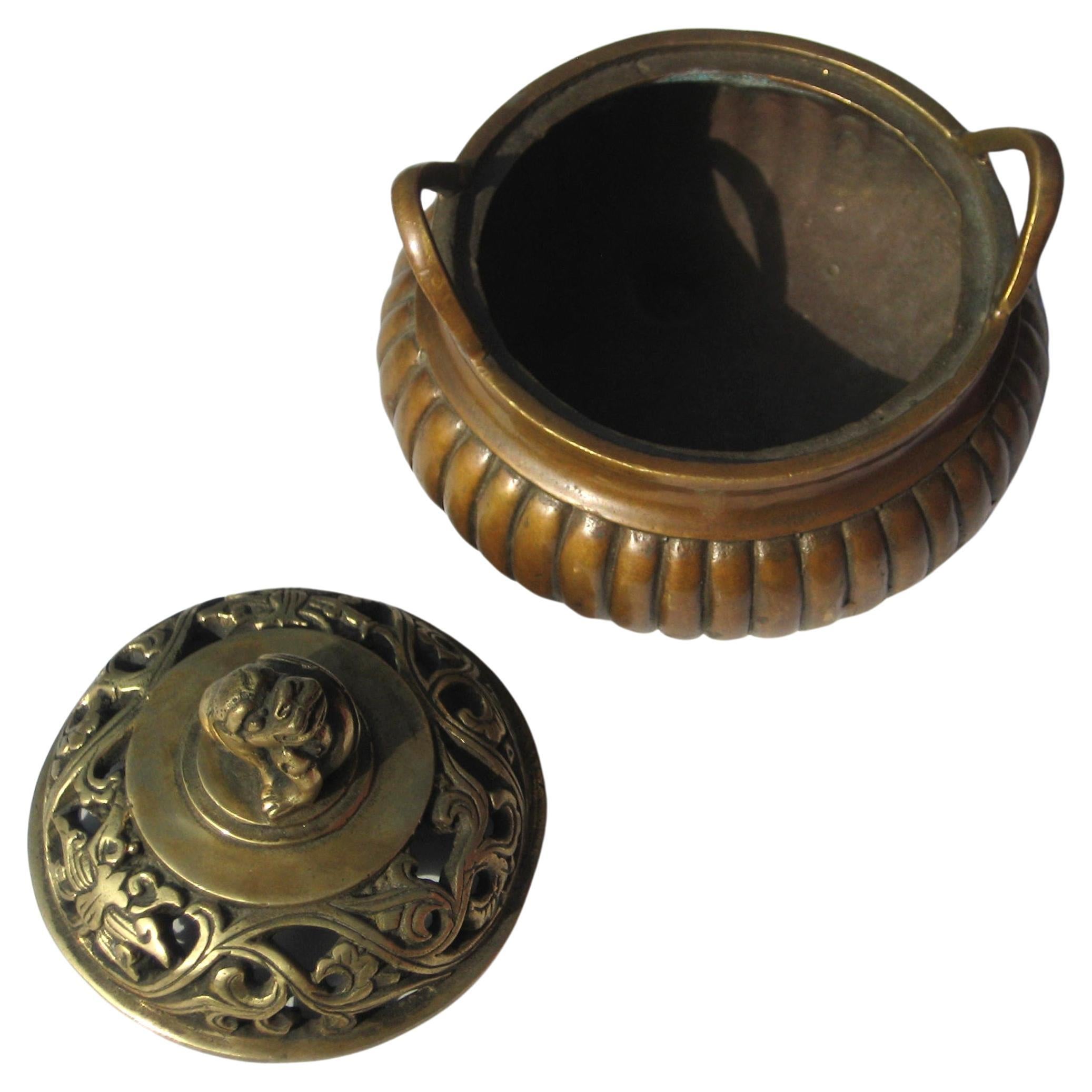 Brass Signed Chinese Bronze Censer w/ Foo Dog