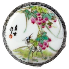 Vintage Signed Chinese Famille Rose Bird & Blossoms Porcelain Lidded Box with Mark