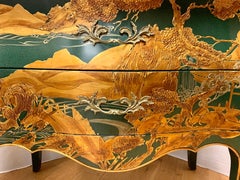 Signed Chinoiserie Green Lacquer and Gold Bombe Chest by John Widdicomb Dresser