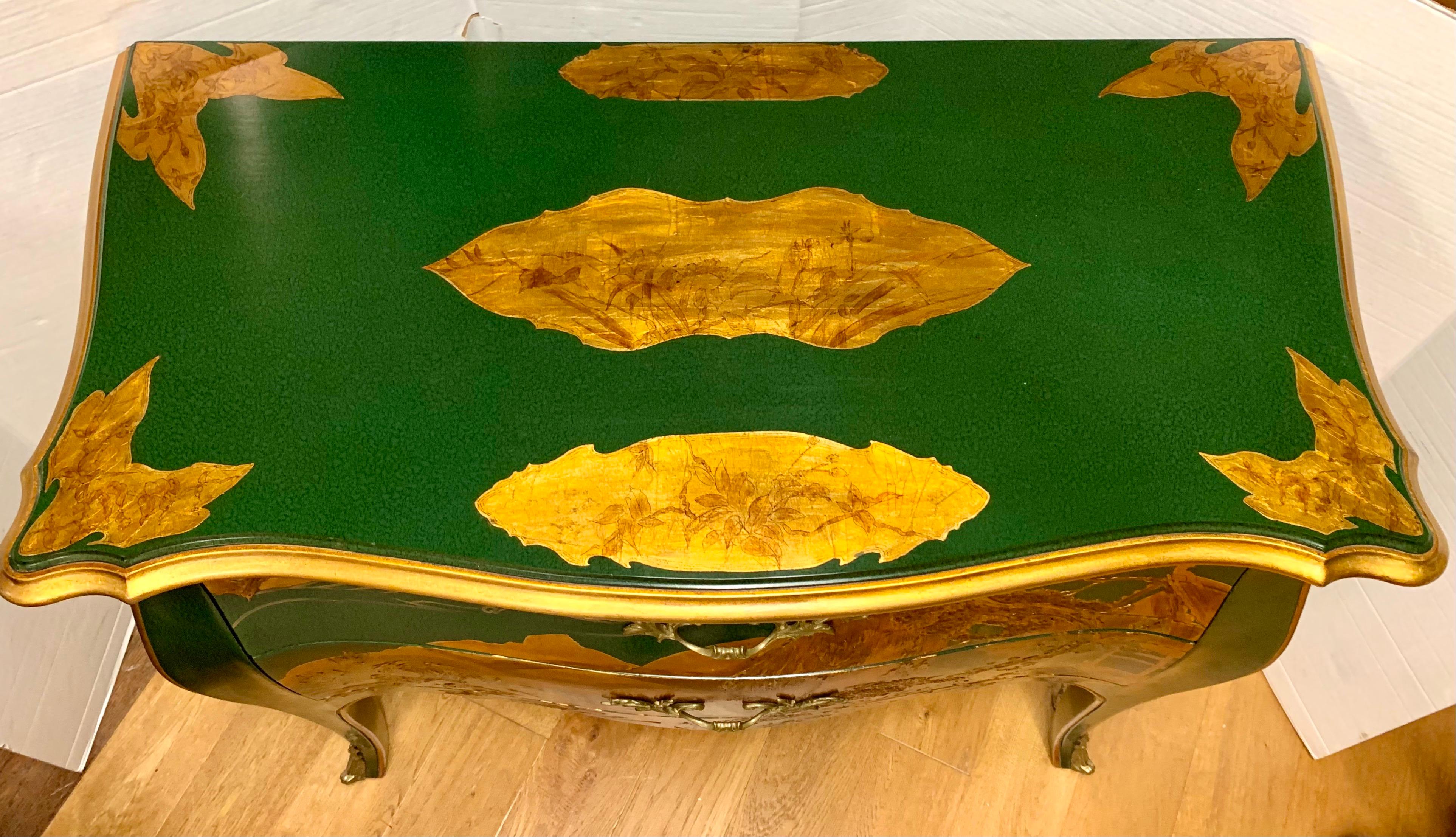 20th Century Signed Chinoiserie Green Lacquer and Gold Bombe Chest by John Widdicomb Dresser