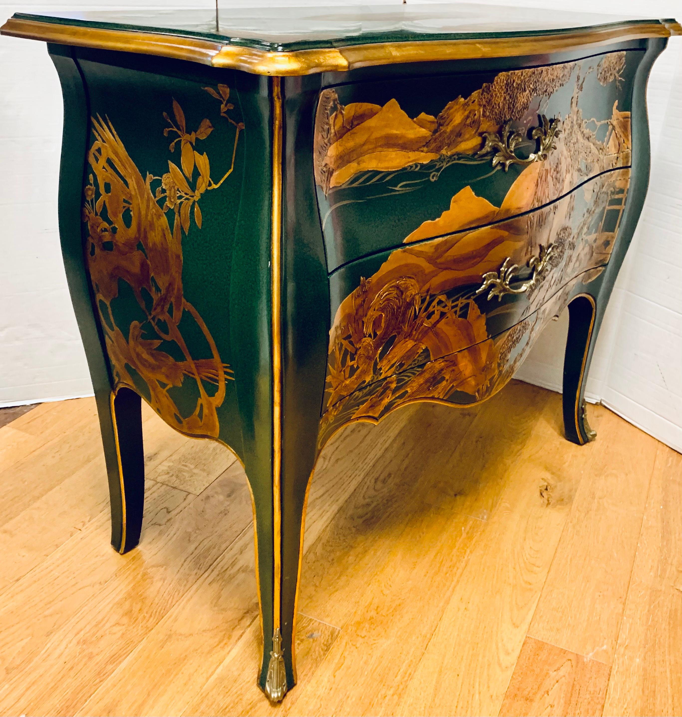 Signed Chinoiserie Green Lacquer and Gold Bombe Chest by John Widdicomb Dresser 2