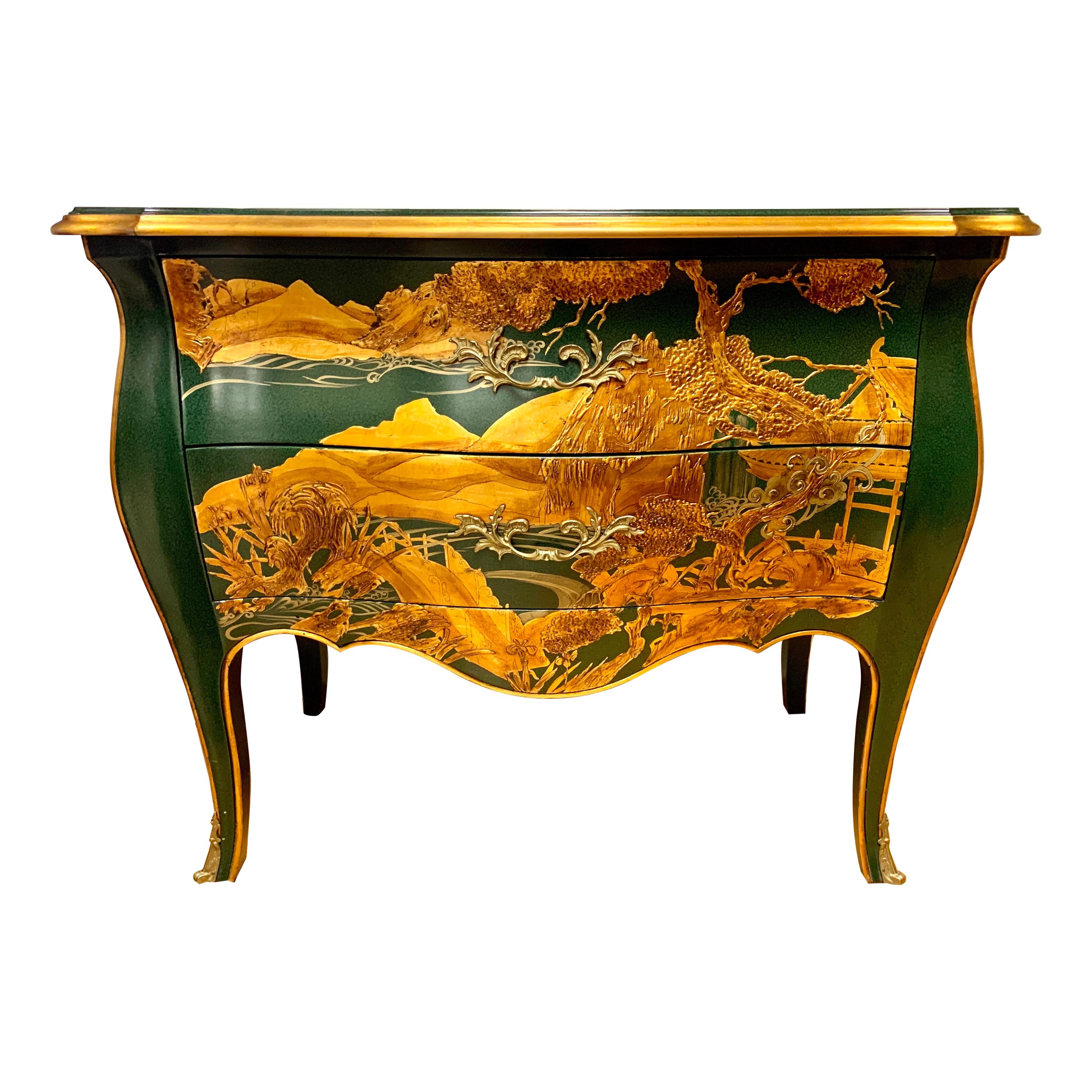 Signed Chinoiserie Green Lacquer and Gold Bombe Chest by John Widdicomb Dresser
