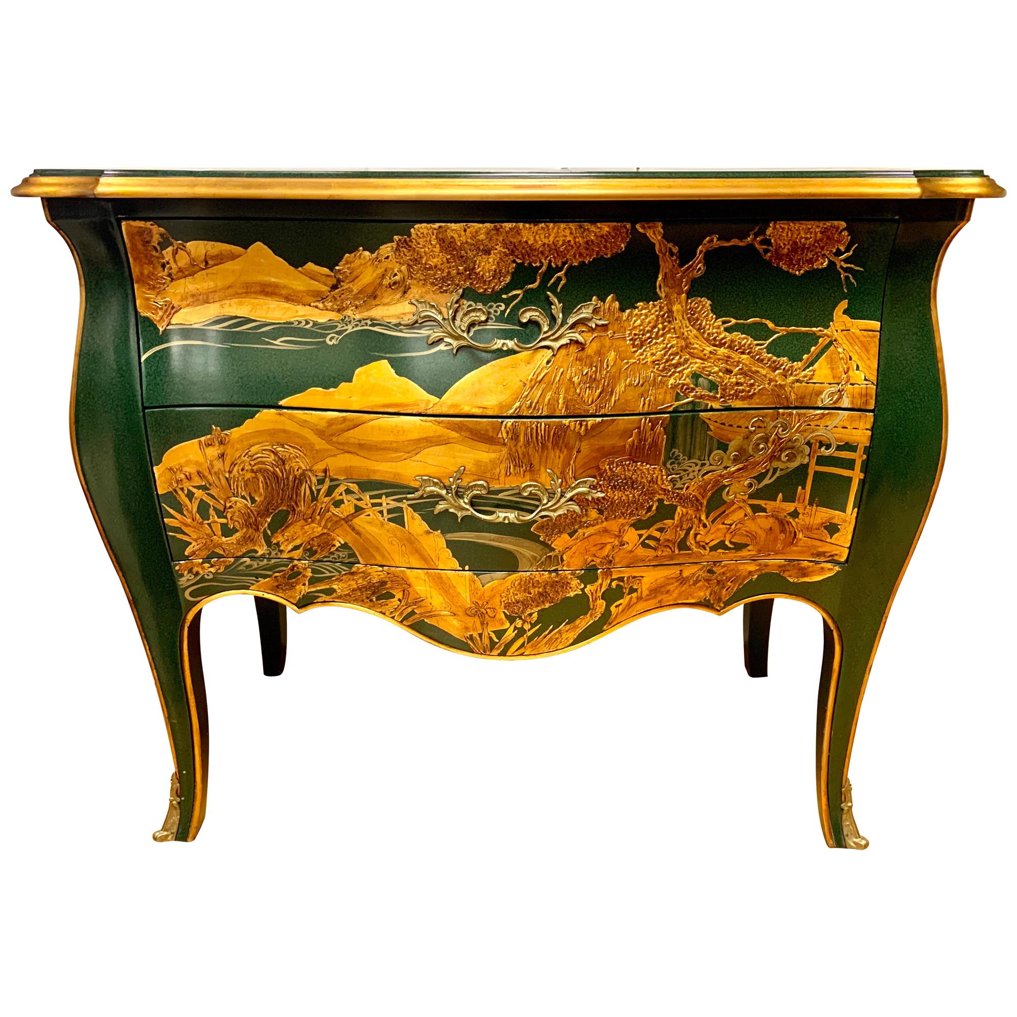 Signed Chinoiserie Green Lacquer and Gold Bombe Chest by John Widdicomb Dresser