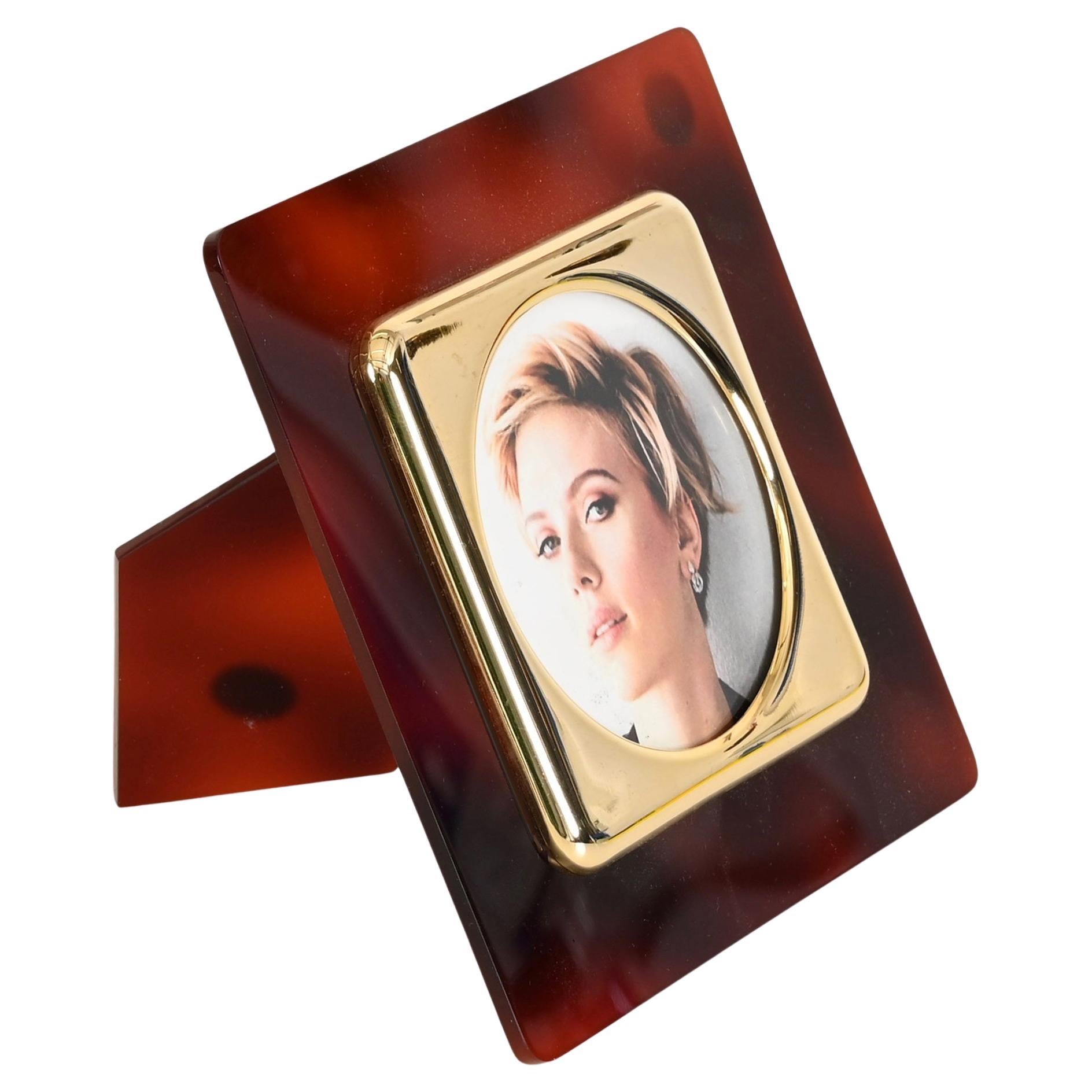 Signed Christofle Tortoiseshell Plexiglass and Brass Photo Frame, France, 1970s For Sale